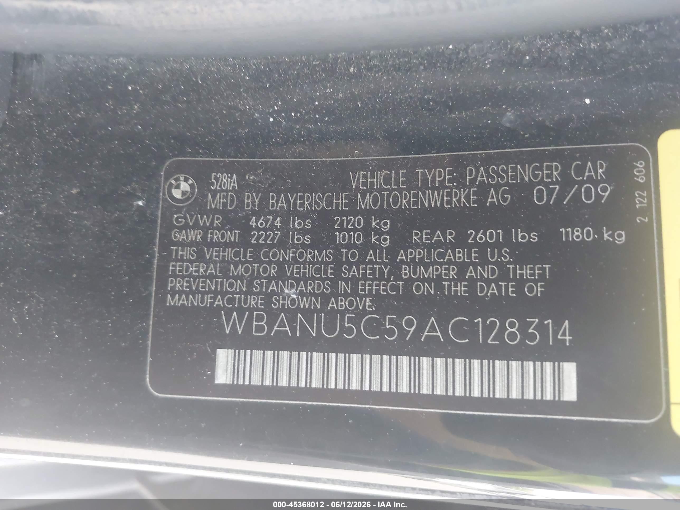 2010 Bmw 528i   Black vin: WBANU5C59AC128314