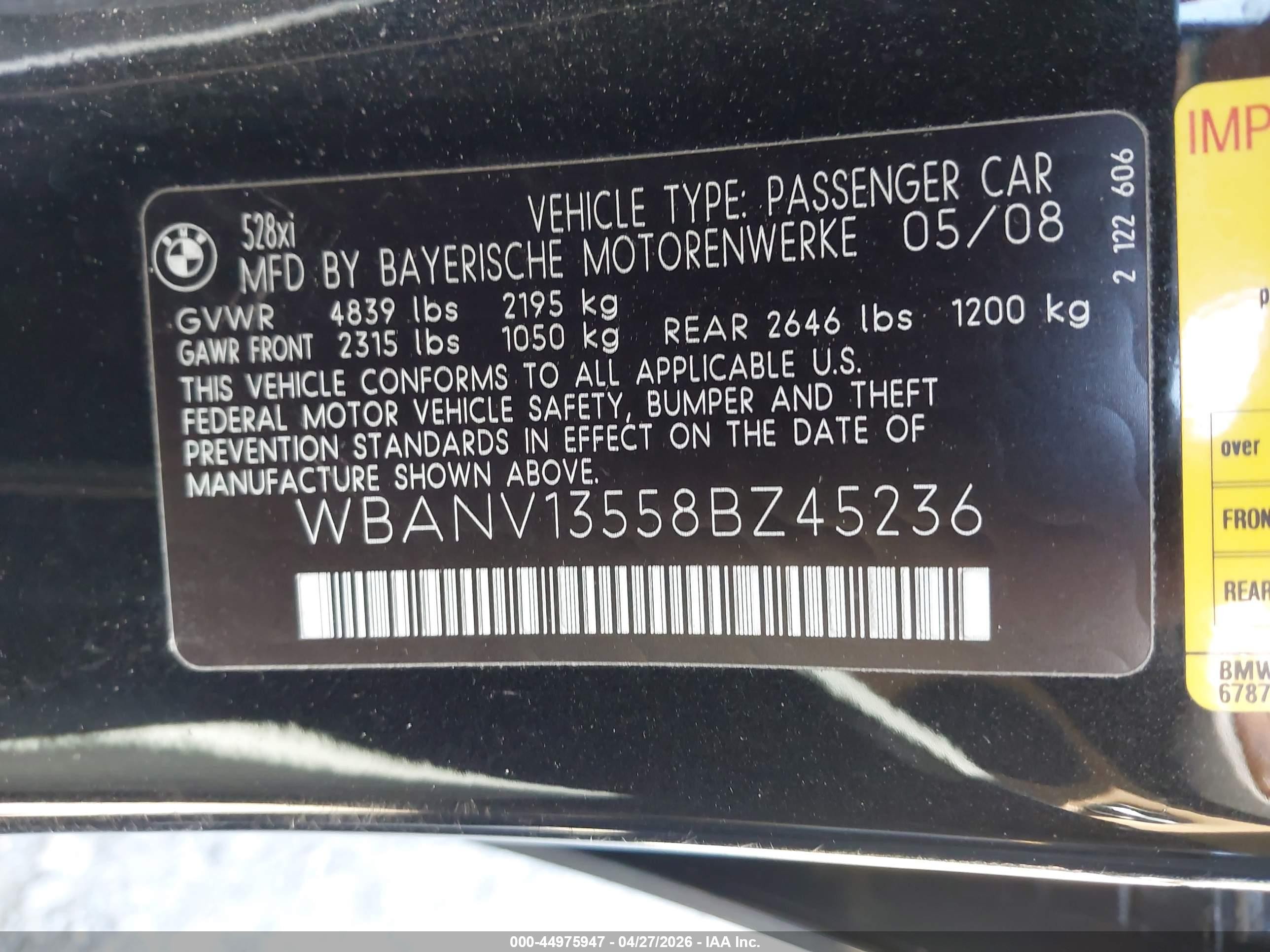 2008 Bmw 528xi   Black vin: WBANV13558BZ45236
