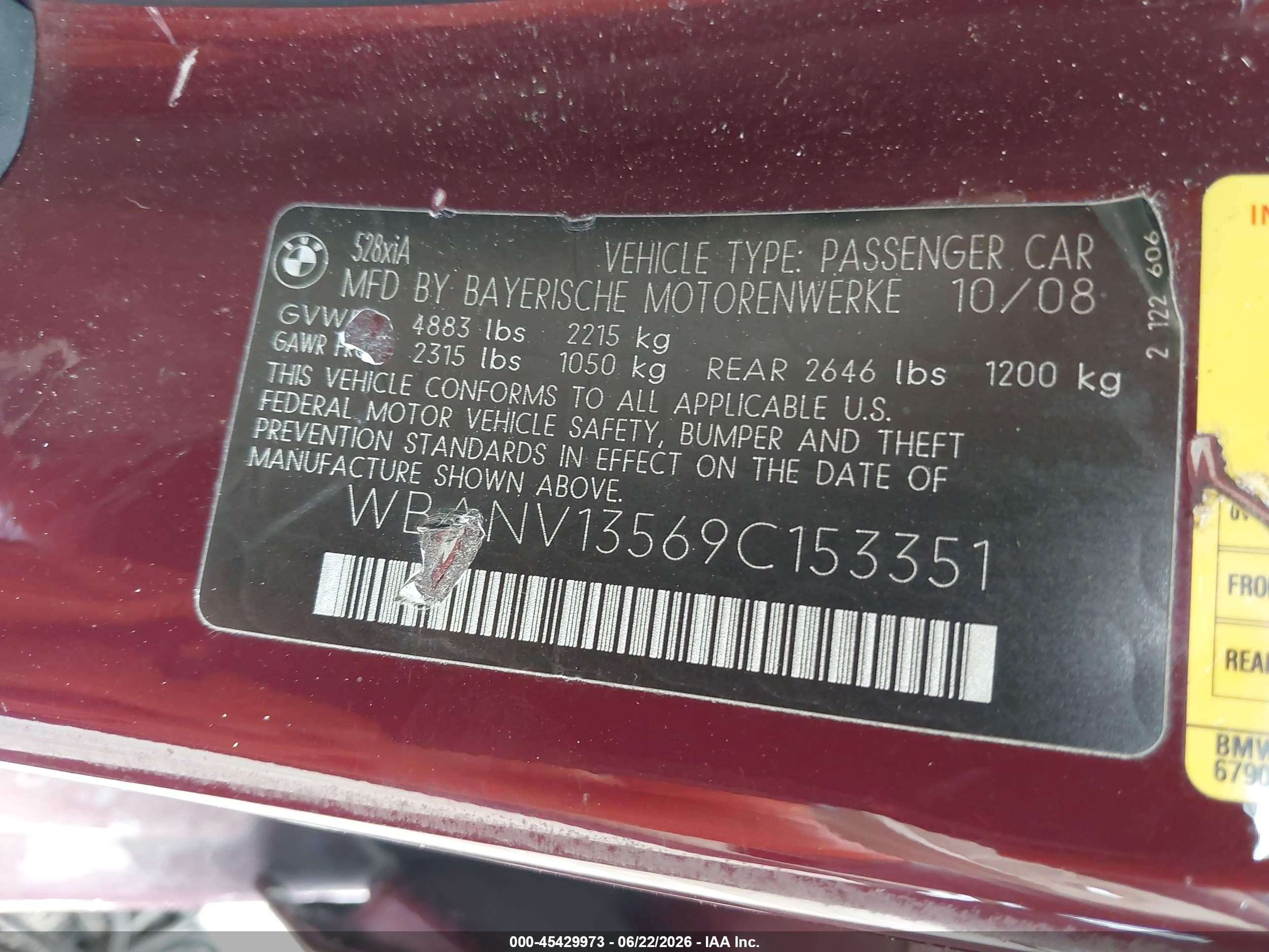 2009 Bmw 528i Xdrive Burgundy vin: WBANV13569C153351