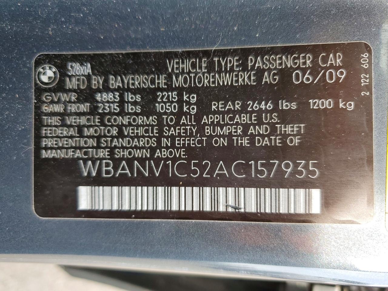 2010 Bmw 528 Xi Charcoal vin: WBANV1C52AC157935