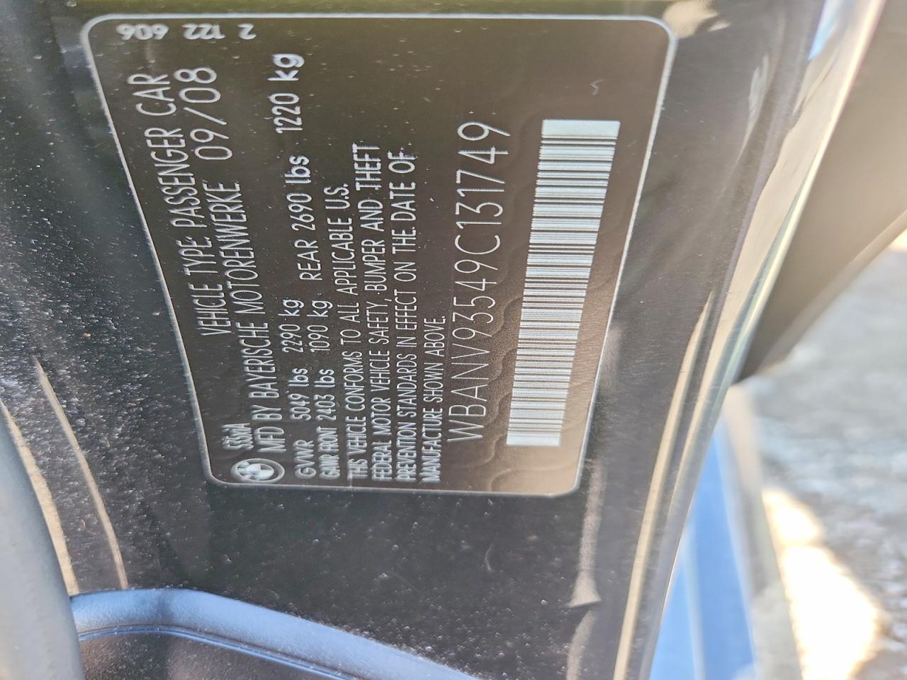 2009 Bmw 535 Xi Black vin: WBANV93549C131749