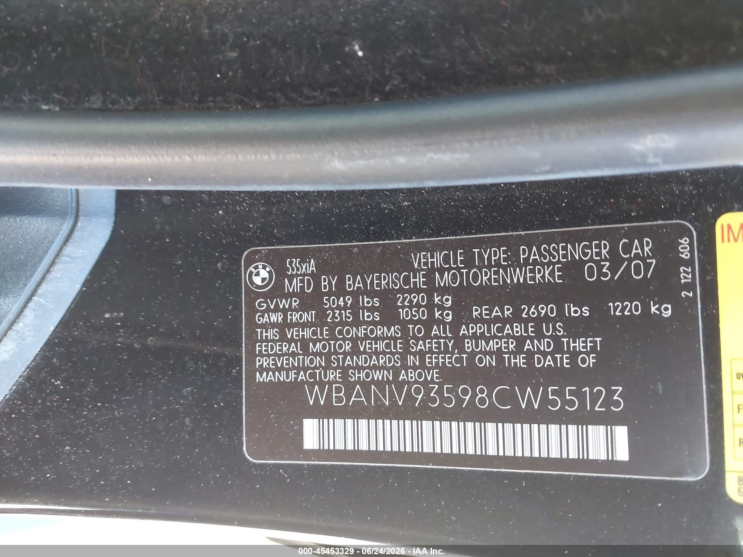 2008 Bmw 535xi   Black vin: WBANV93598CW55123