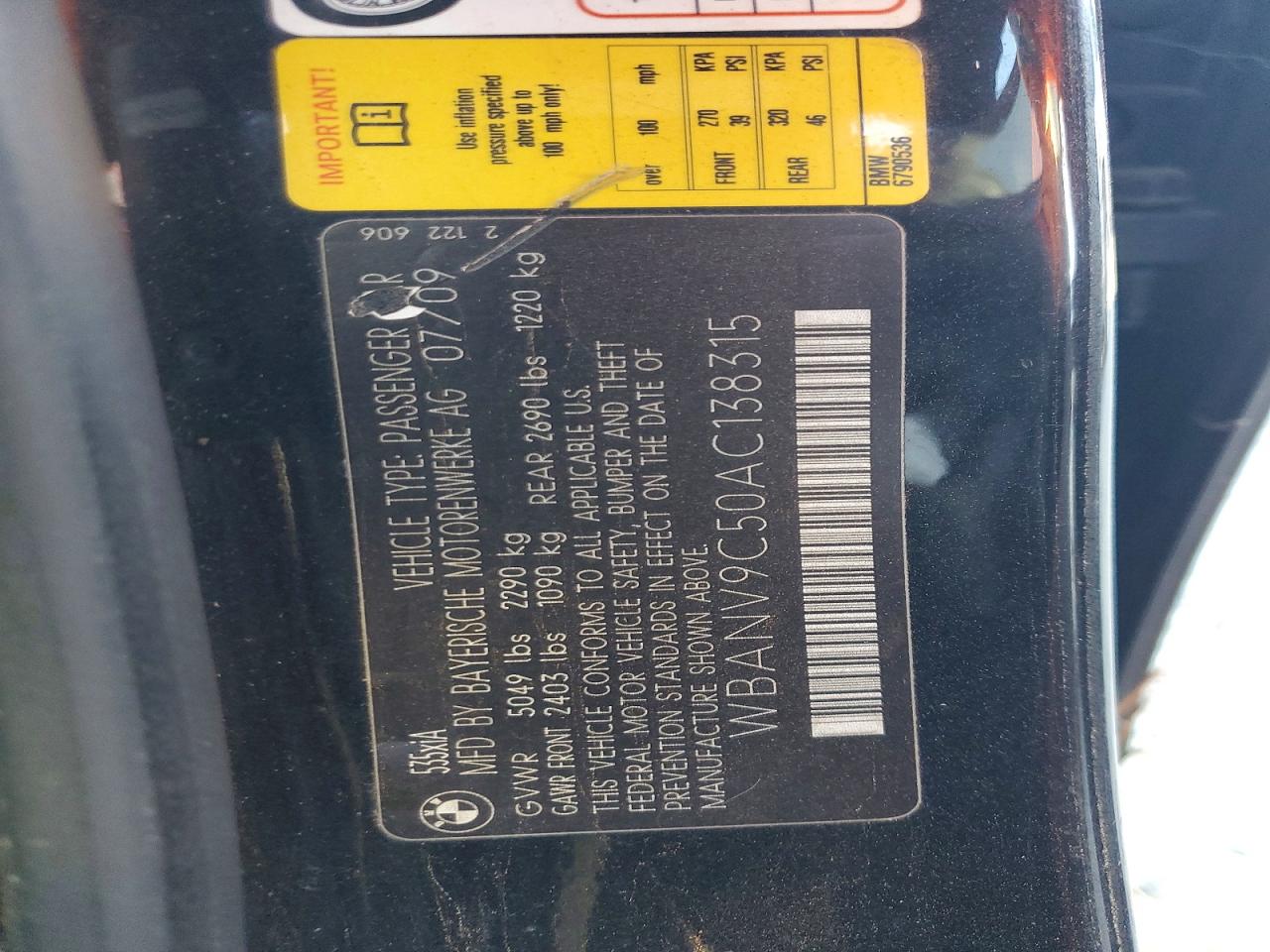 2010 Bmw 535 Xi Black vin: WBANV9C50AC138315
