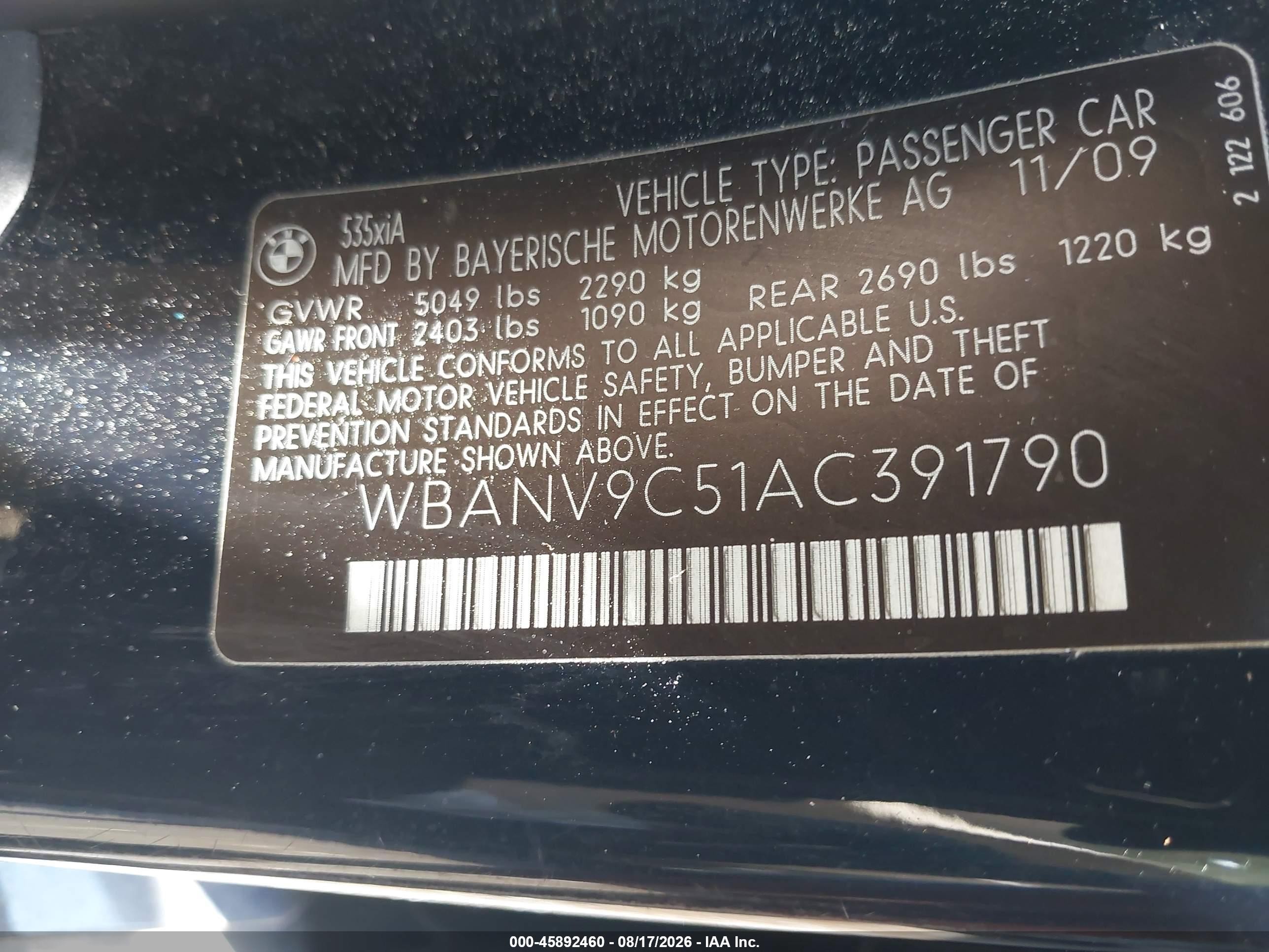 2010 Bmw 535i Xdrive Dark Blue vin: WBANV9C51AC391790