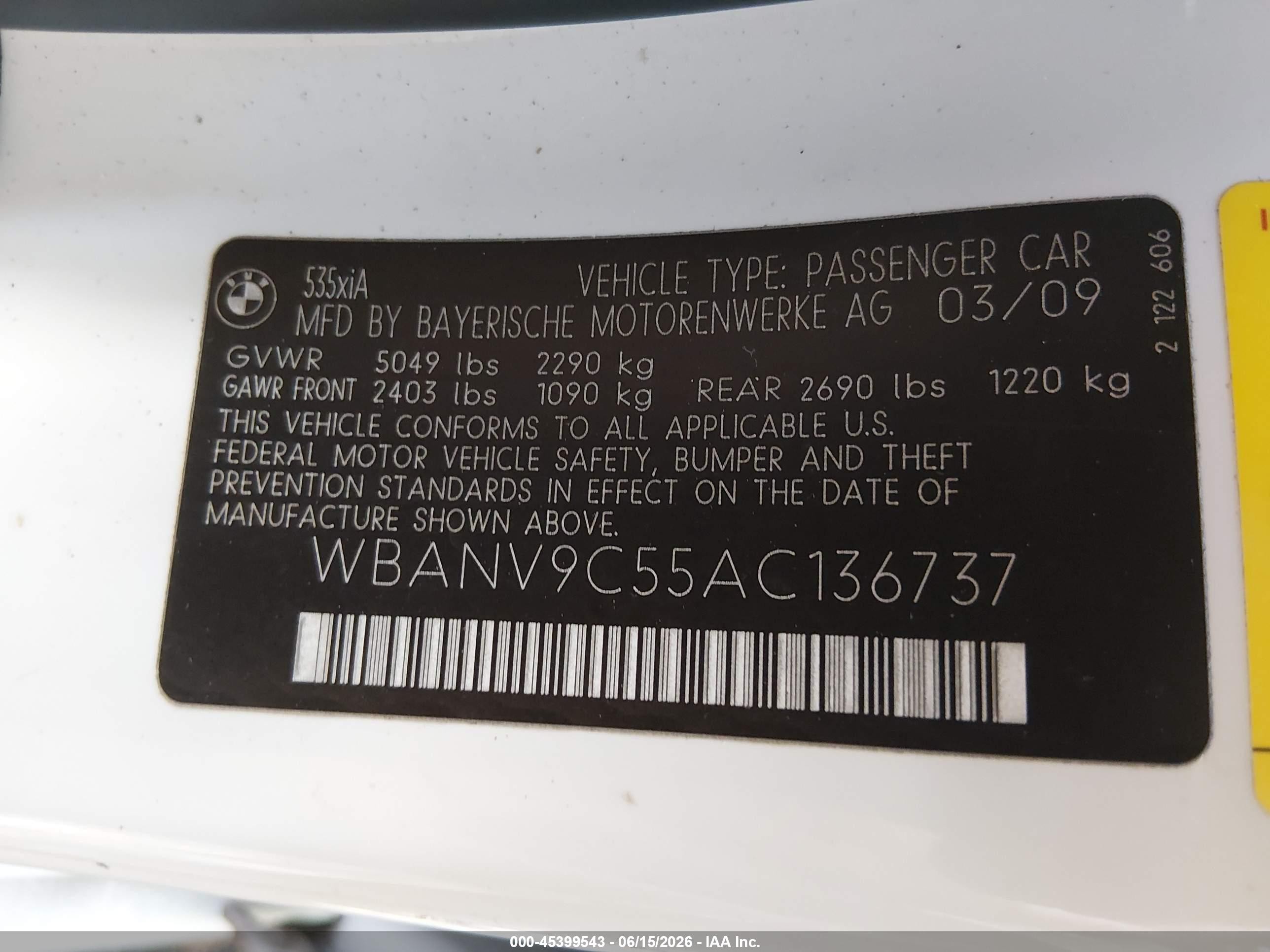 2010 Bmw 535i Xdrive White vin: WBANV9C55AC136737