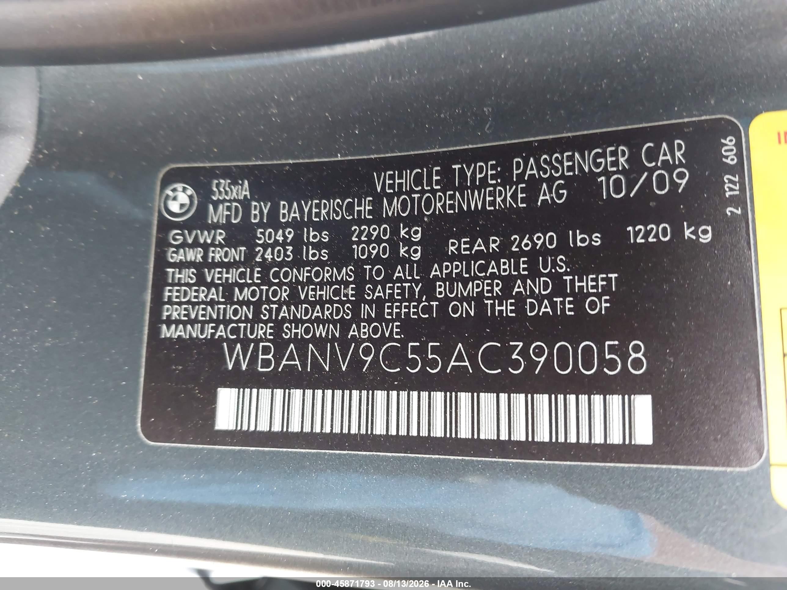 2010 Bmw 535i Xdrive Gray vin: WBANV9C55AC390058