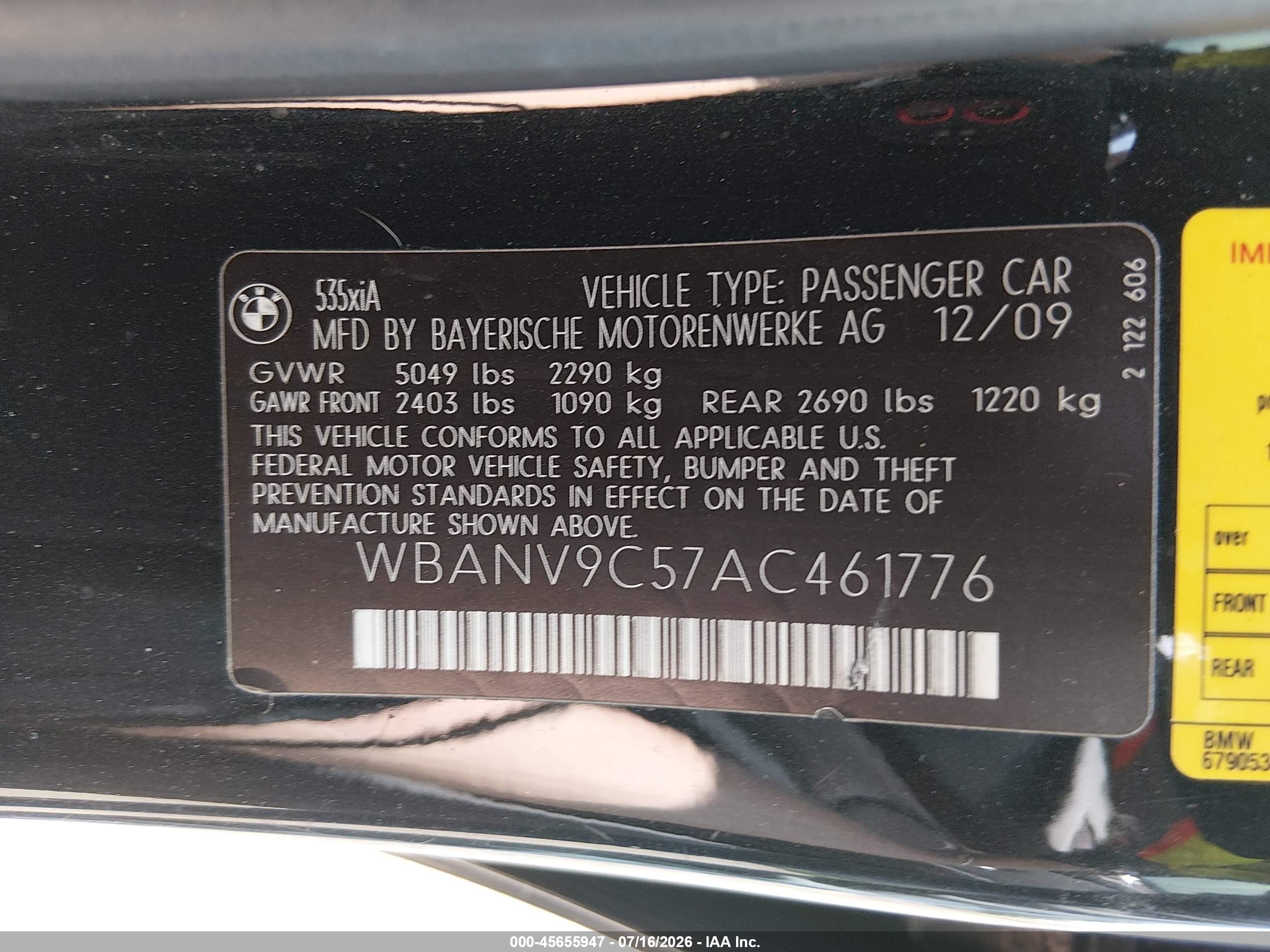2010 Bmw 535i Xdrive Black vin: WBANV9C57AC461776