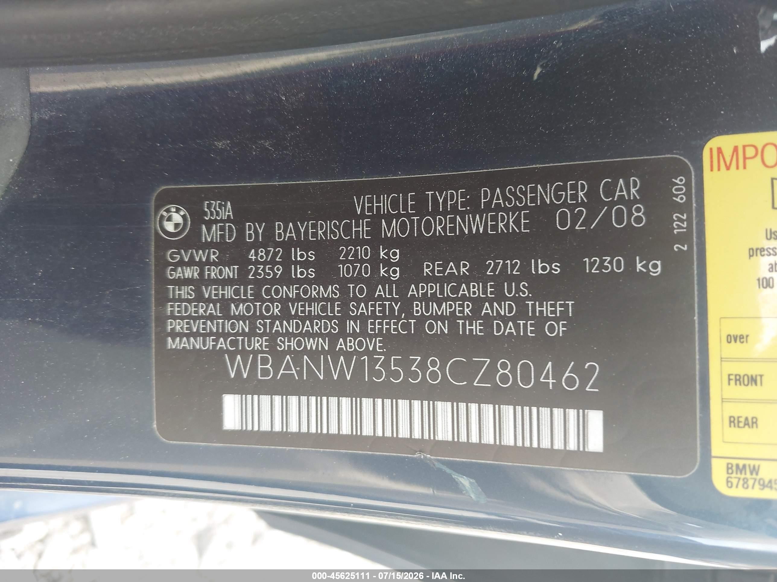 2008 Bmw 535i   Blue vin: WBANW13538CZ80462