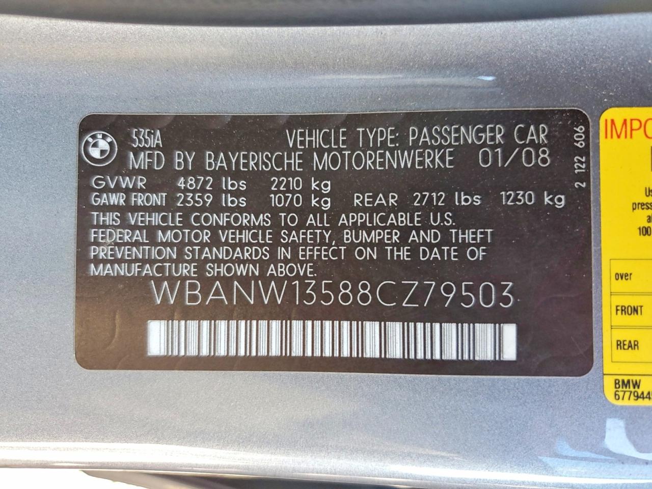 2008 Bmw Unk Gray vin: WBANW13588CZ79503