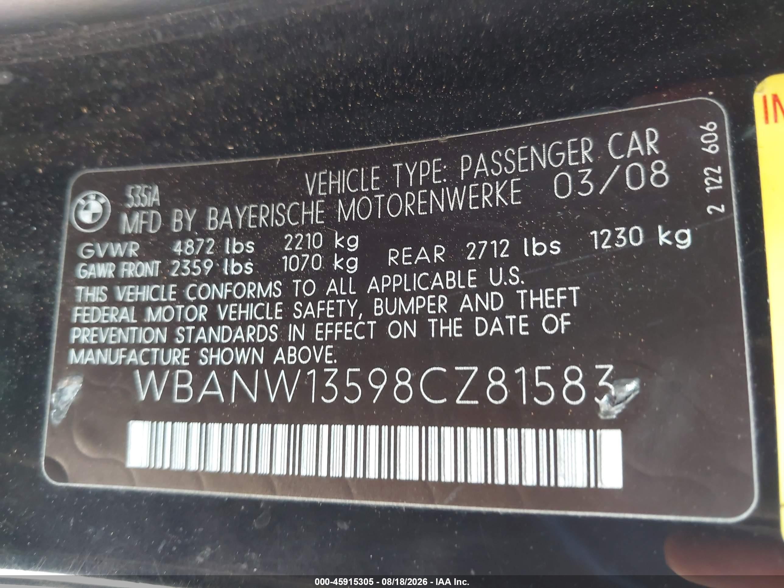 2008 Bmw 535i Black vin: WBANW13598CZ81583