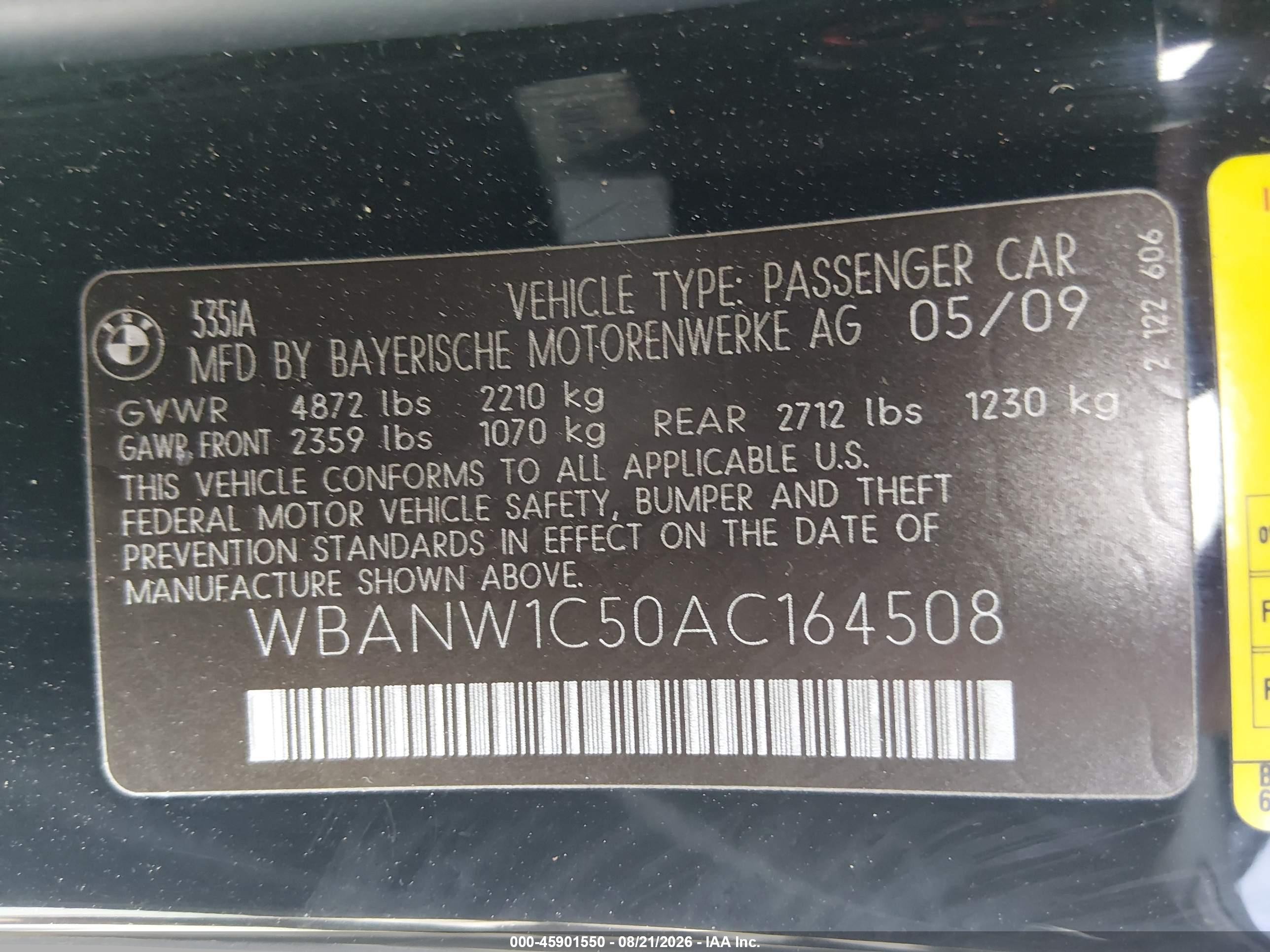 2010 Bmw 535i   Black vin: WBANW1C50AC164508