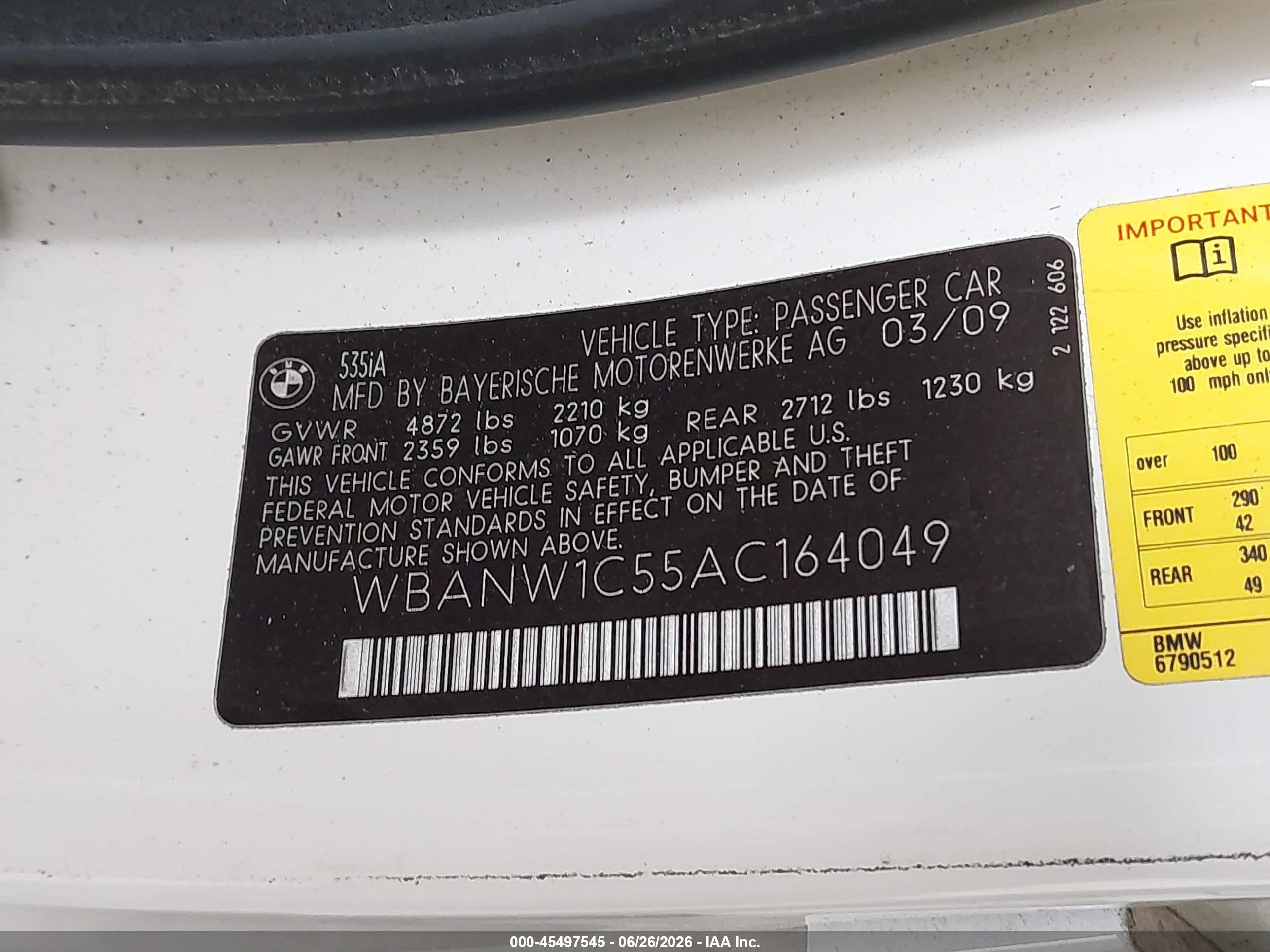 2010 Bmw 535i   White vin: WBANW1C55AC164049