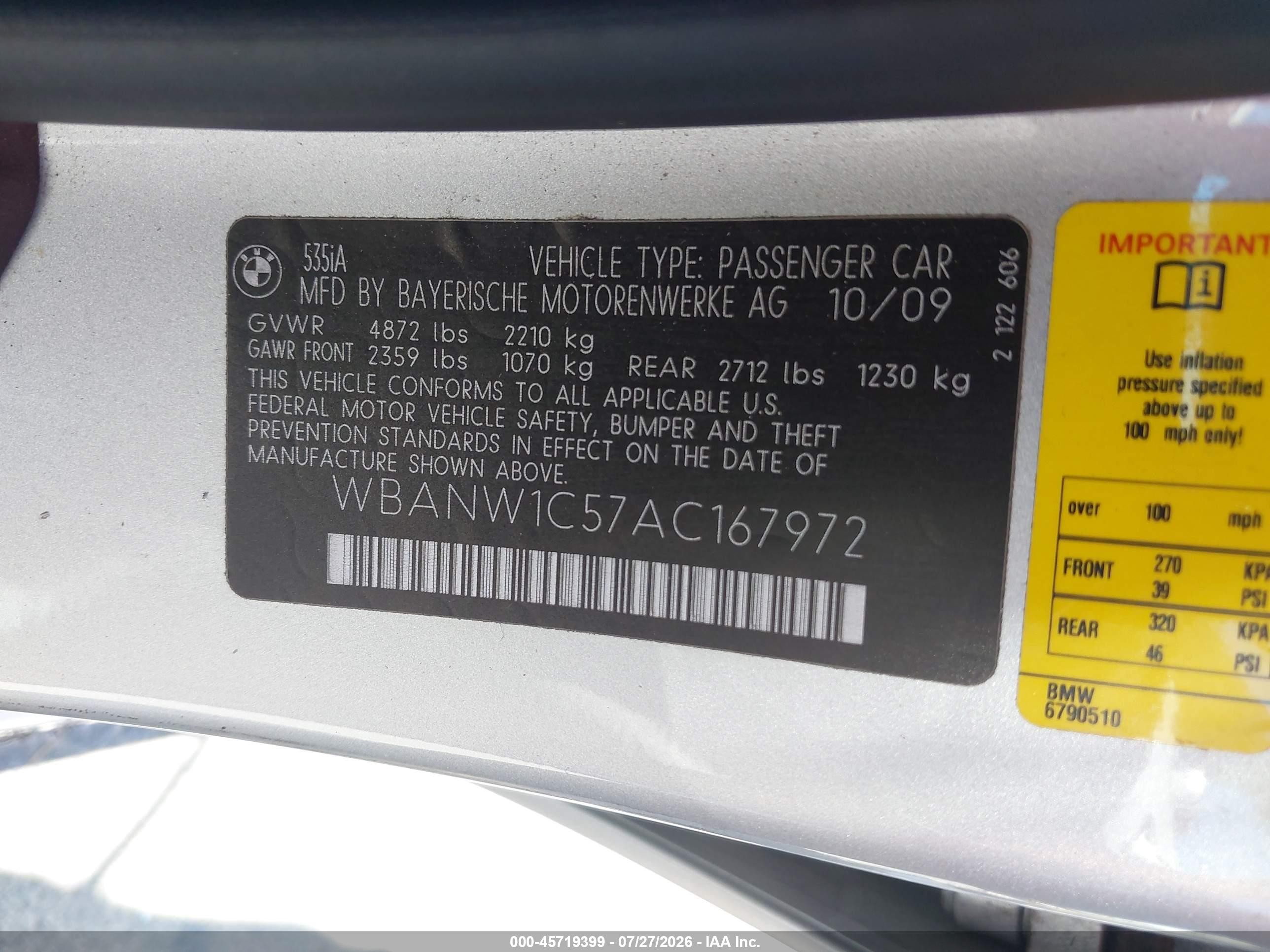 2010 Bmw 535i   Gray vin: WBANW1C57AC167972