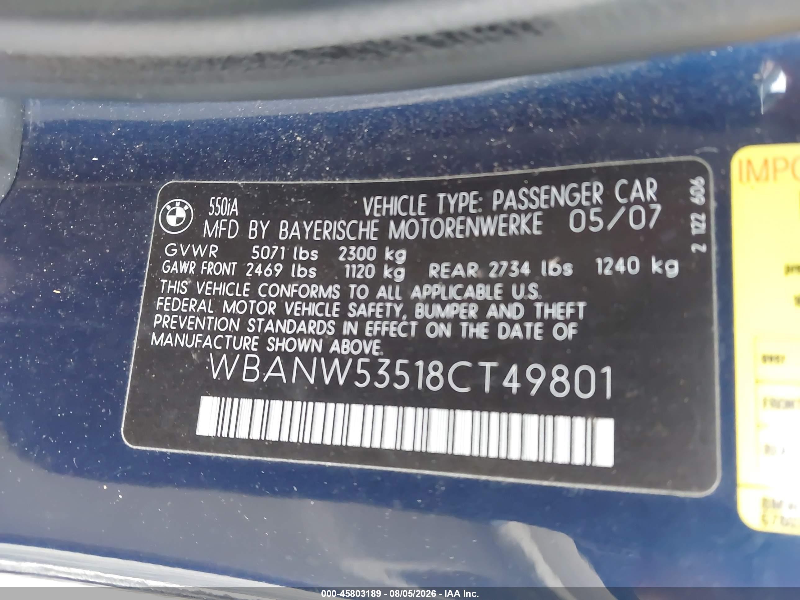 2008 Bmw 550i   Blue vin: WBANW53518CT49801