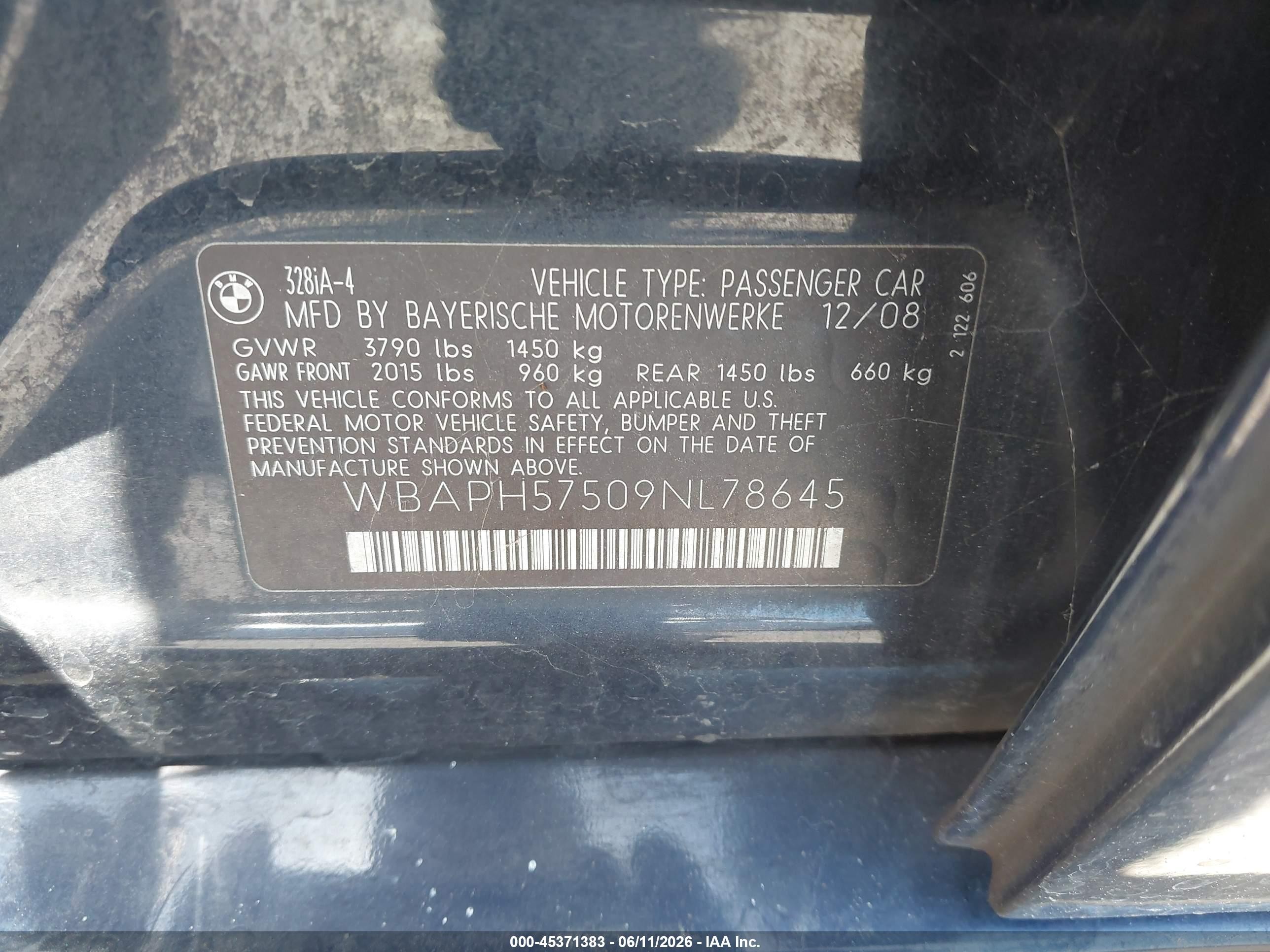 2009 Bmw 328i   Dark Blue vin: WBAPH57509NL78645