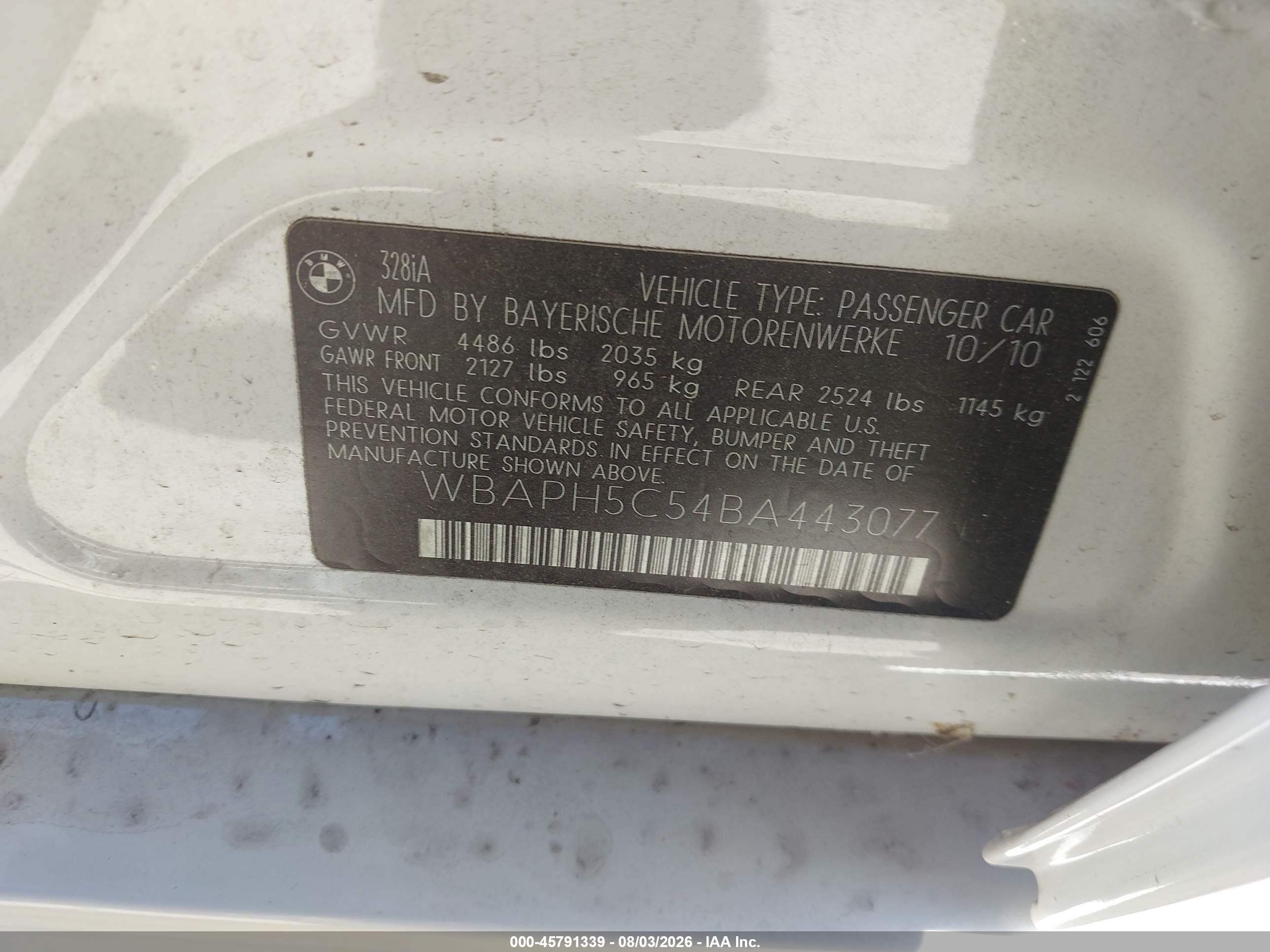 2011 Bmw 328i   White vin: WBAPH5C54BA443077