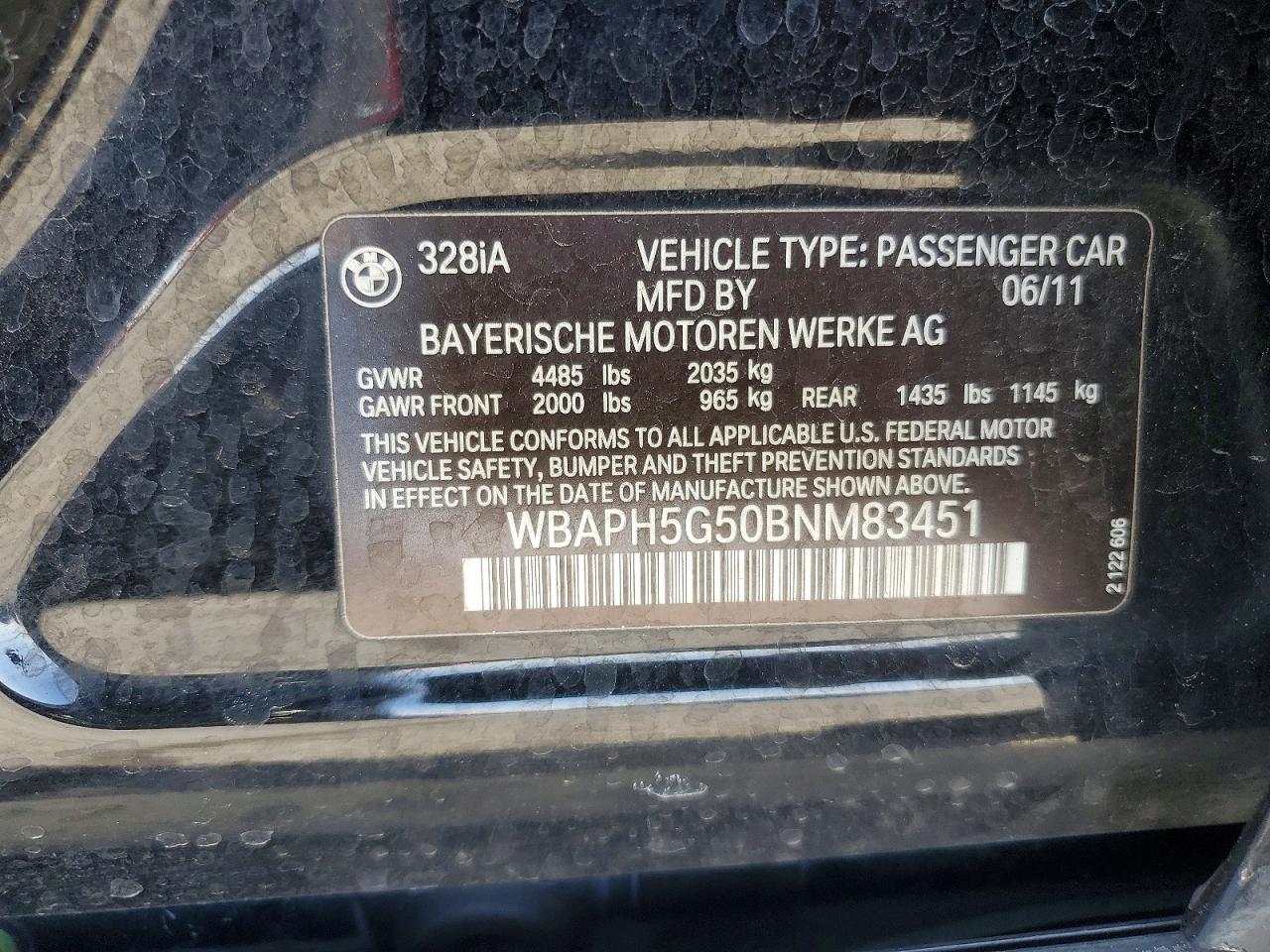 2011 Bmw 328 I Sulev Black vin: WBAPH5G50BNM83451