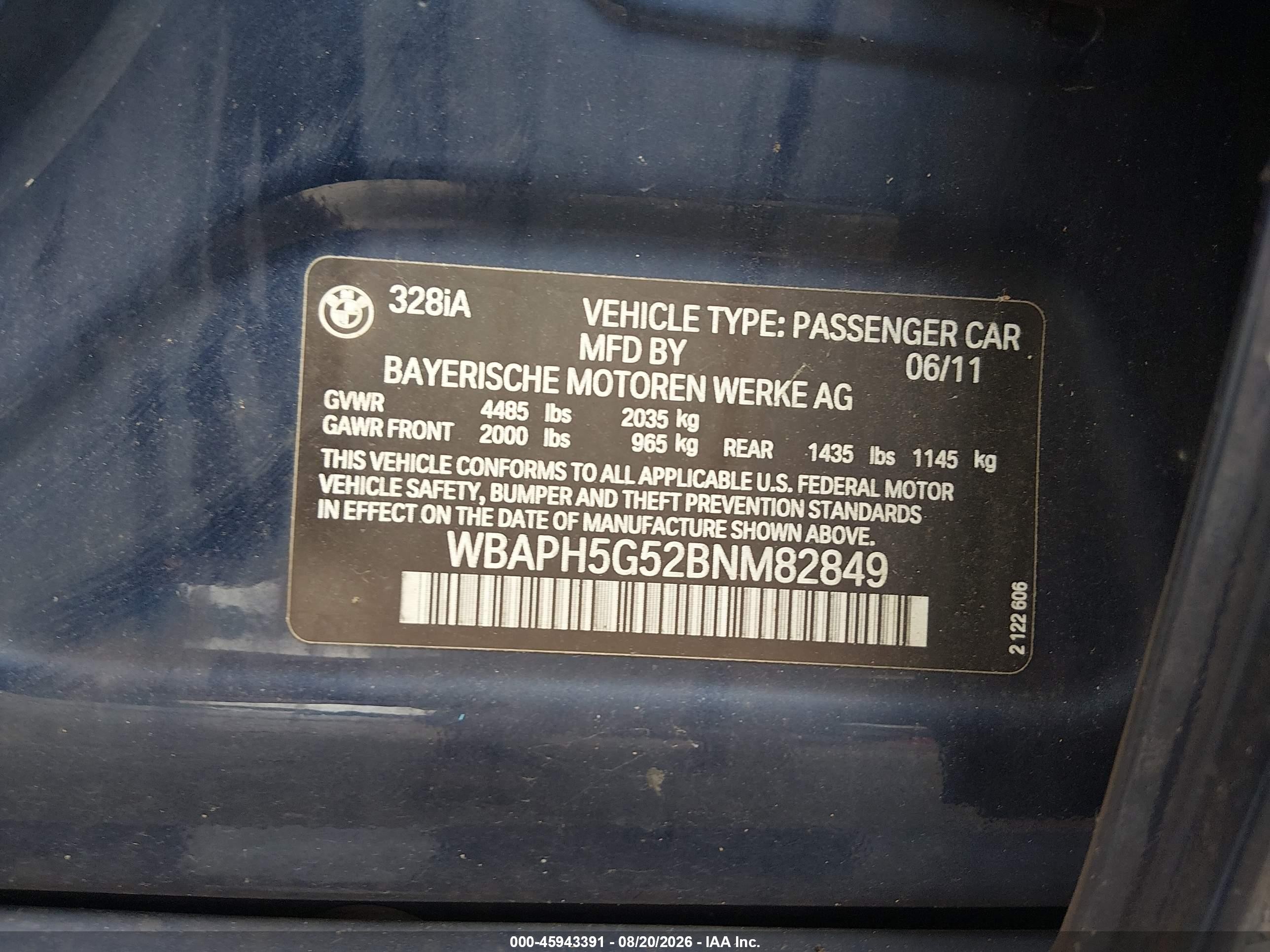 2011 Bmw 328i   Blue vin: WBAPH5G52BNM82849