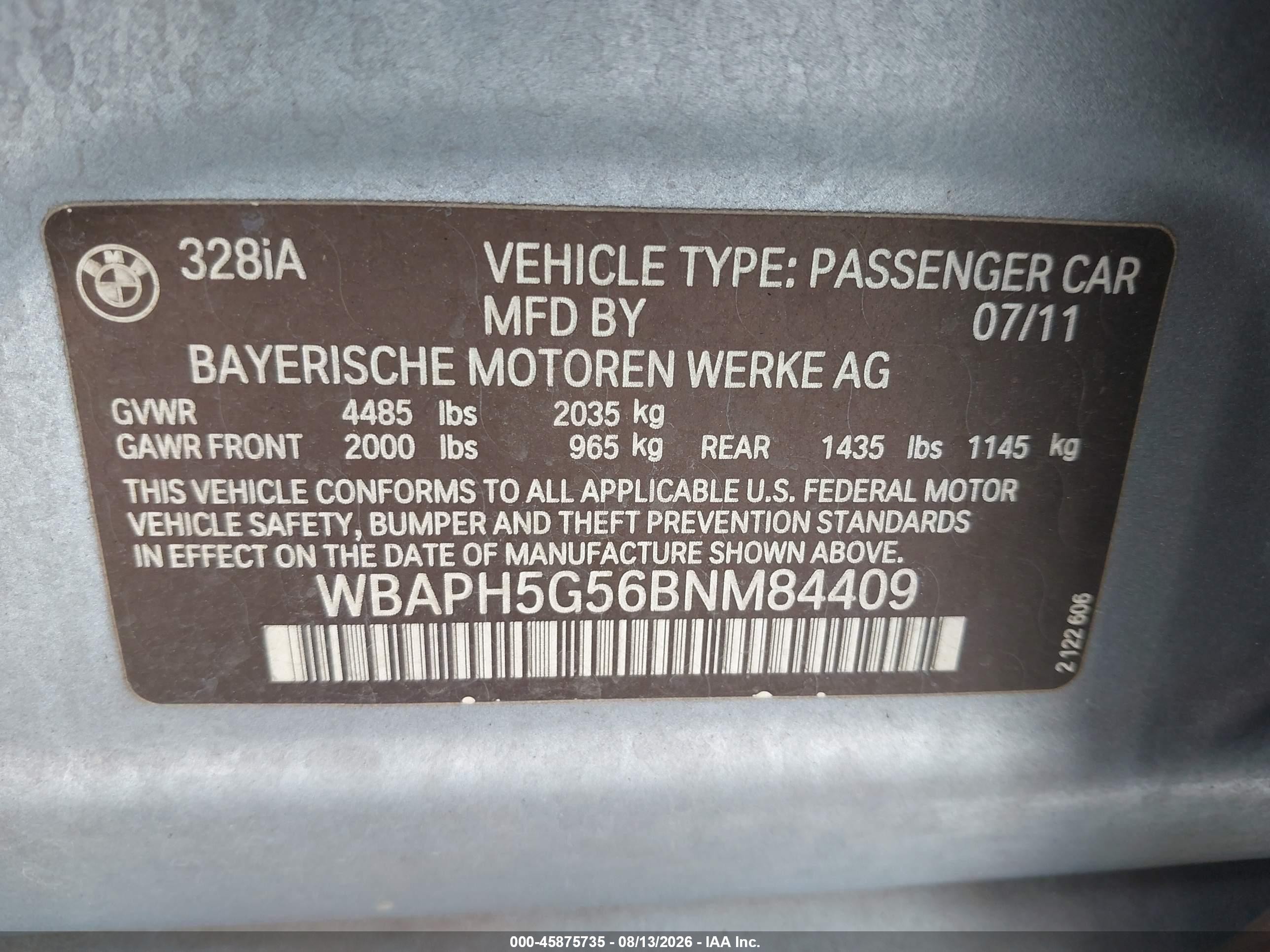 2011 Bmw 328i   Blue vin: WBAPH5G56BNM84409