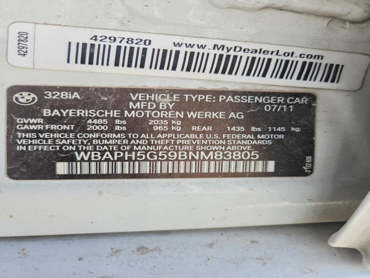 2011 Bmw 328 I Sulev White vin: WBAPH5G59BNM83805
