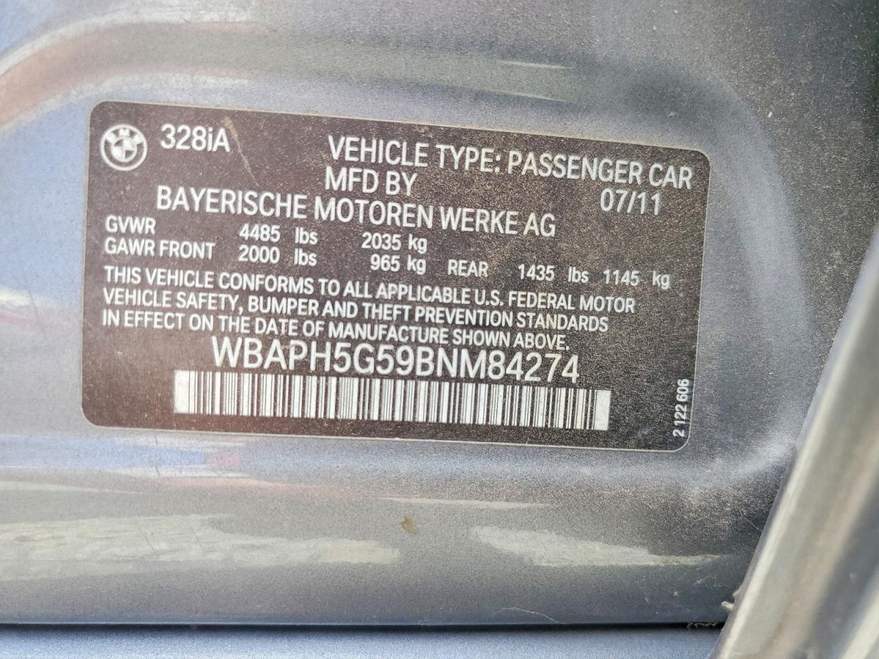 2011 Bmw 328 I Sulev Gray vin: WBAPH5G59BNM84274