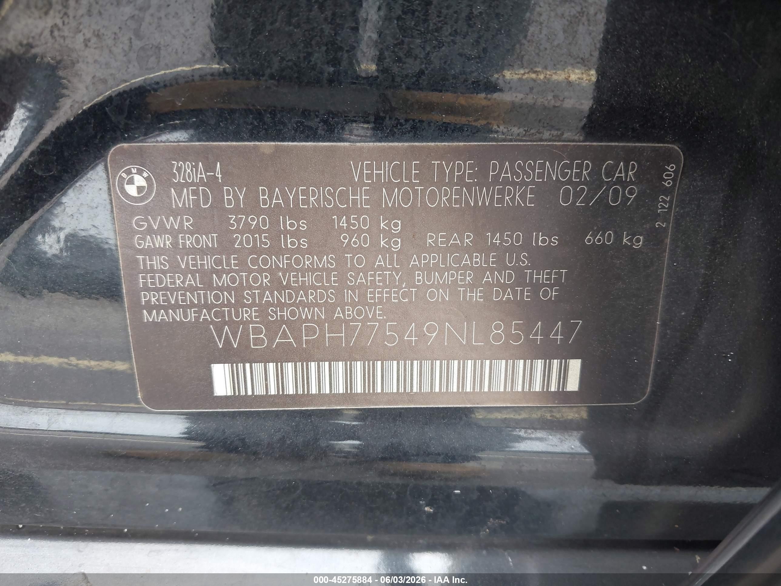 2009 Bmw 328i   Black vin: WBAPH77549NL85447