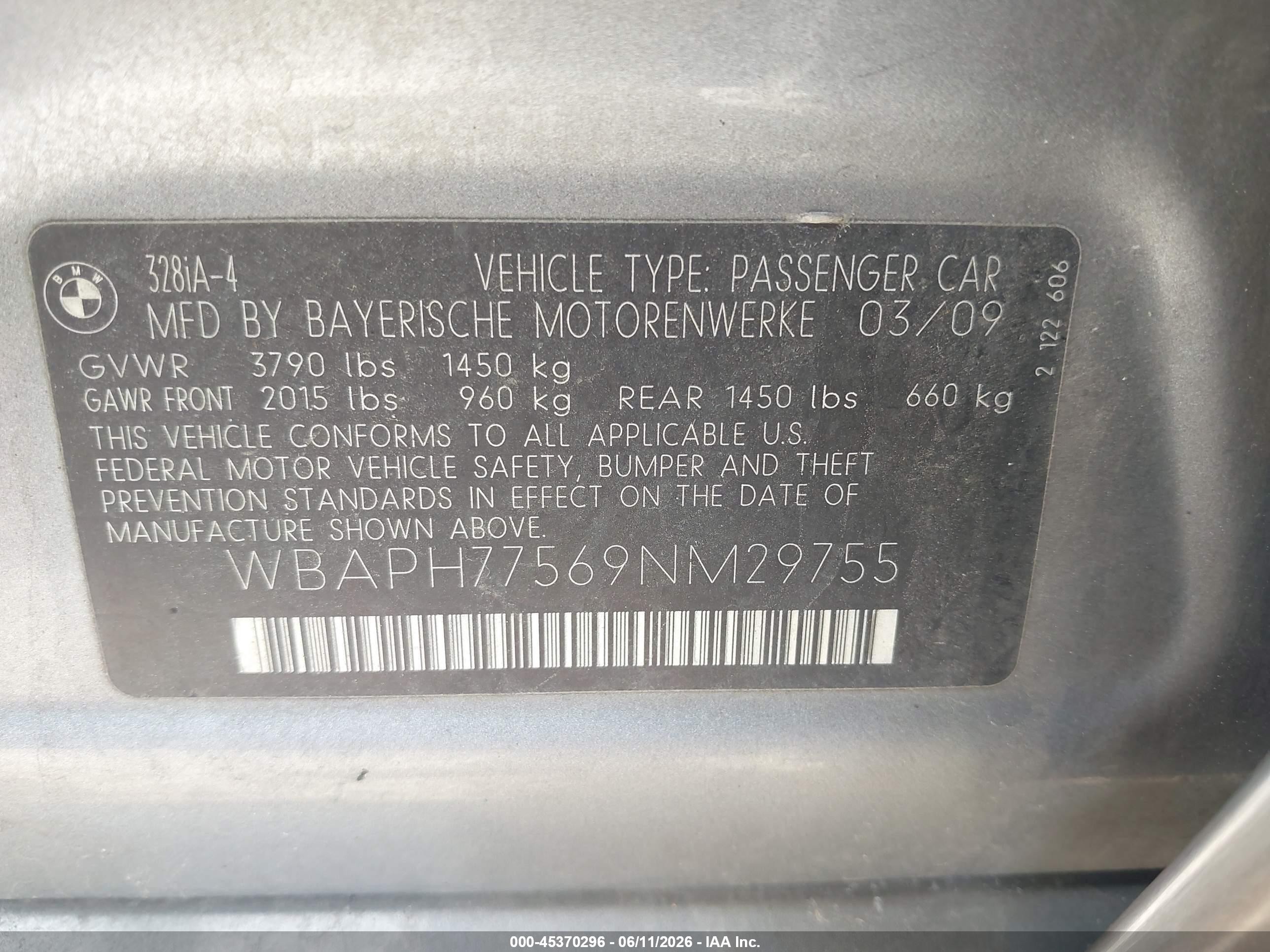2009 Bmw 328i   Gray vin: WBAPH77569NM29755