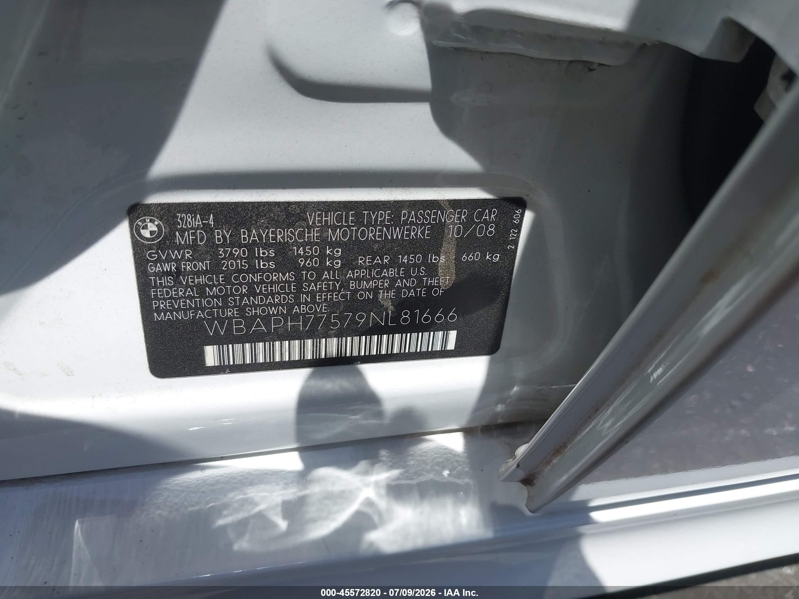 2009 Bmw 328i   White vin: WBAPH77579NL81666