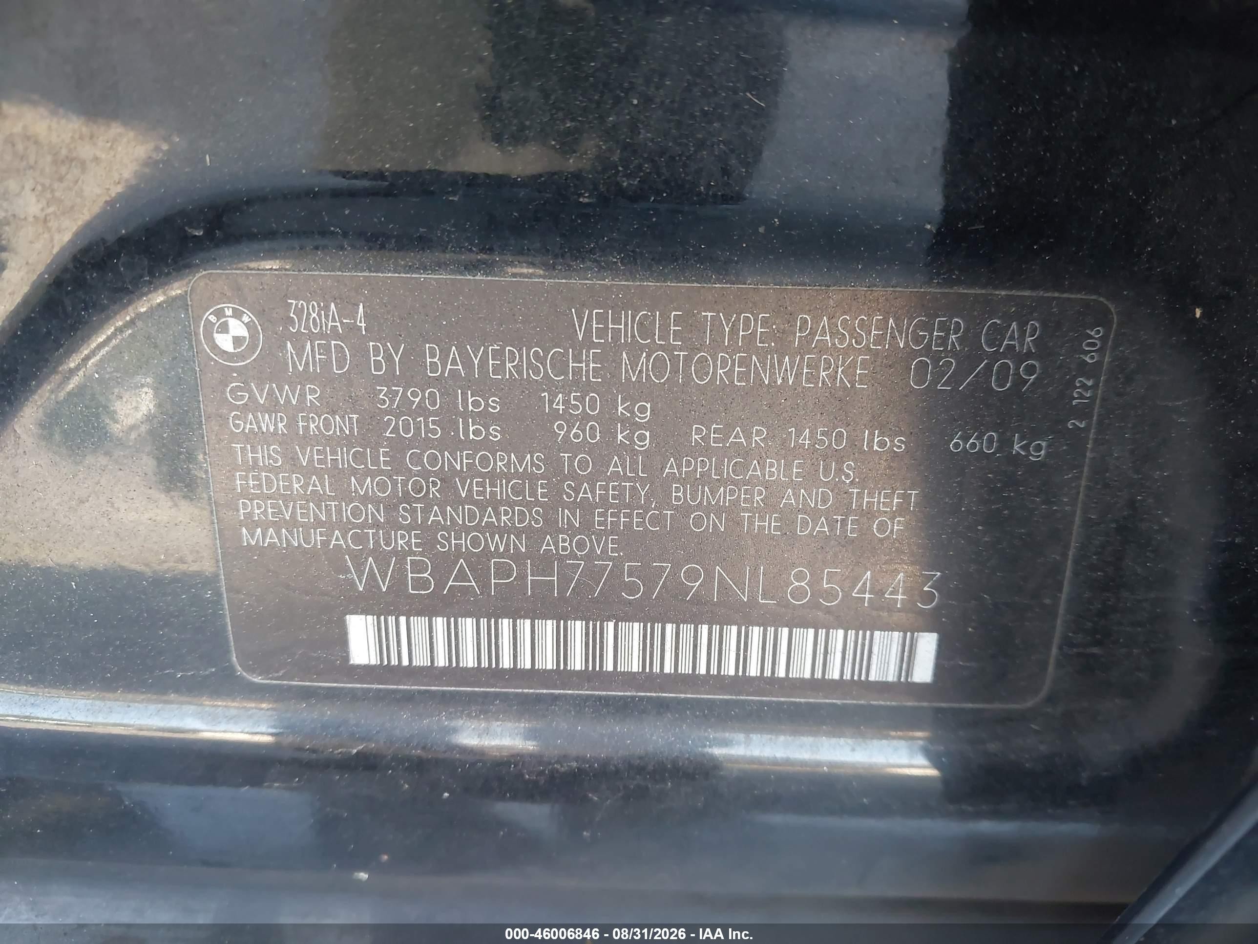 2009 Bmw 328i   Черный vin: WBAPH77579NL85443