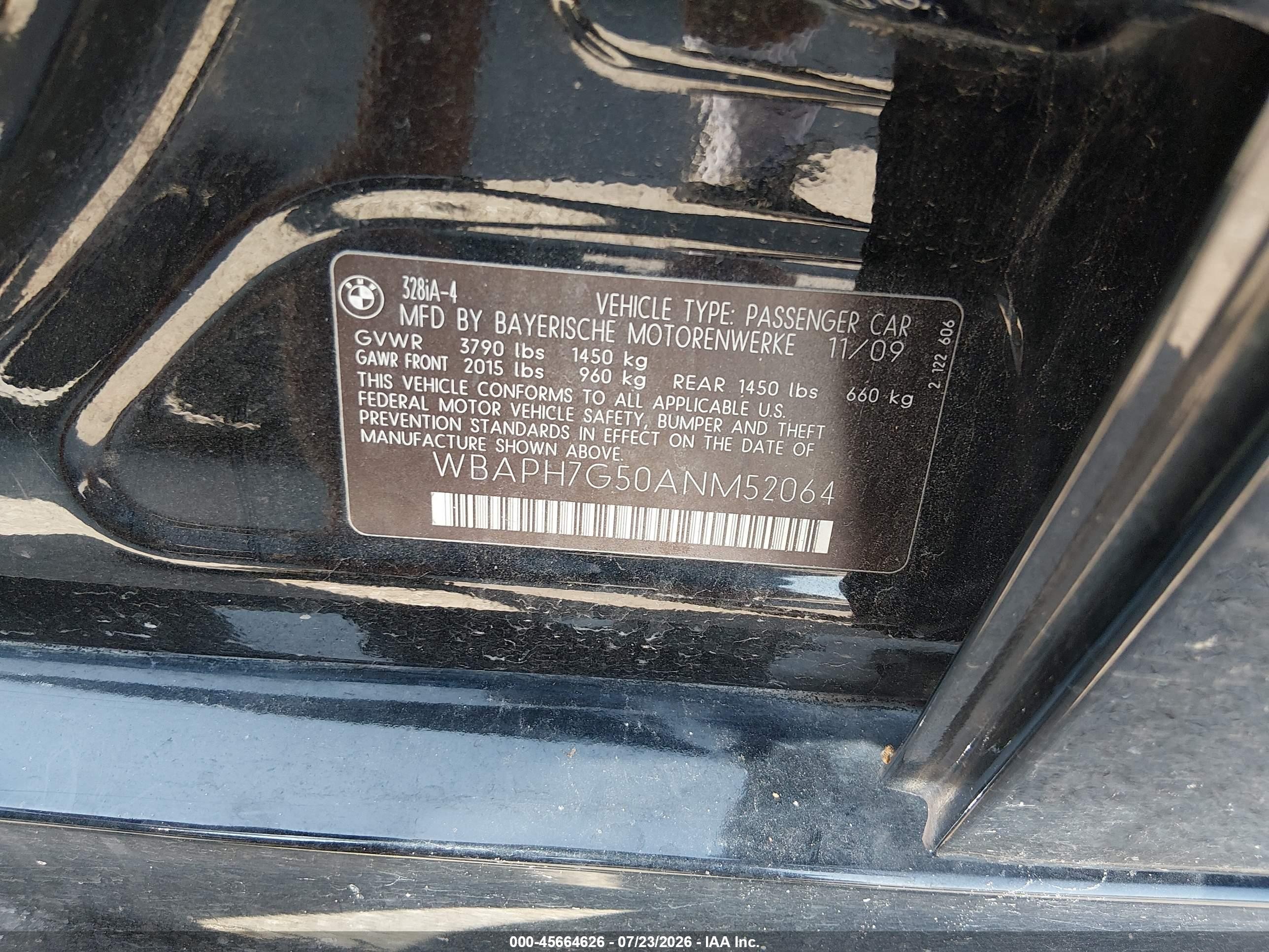 2010 Bmw 328i   Black vin: WBAPH7G50ANM52064