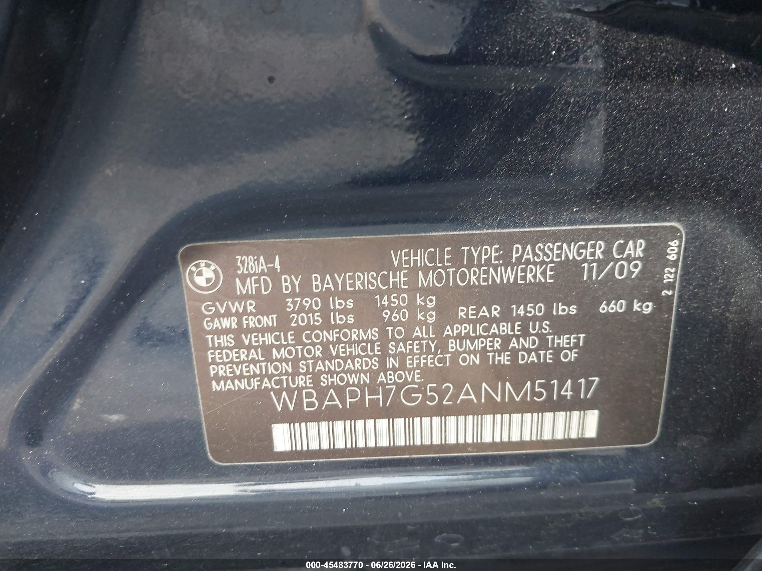 2010 Bmw 328i   Dark Blue vin: WBAPH7G52ANM51417