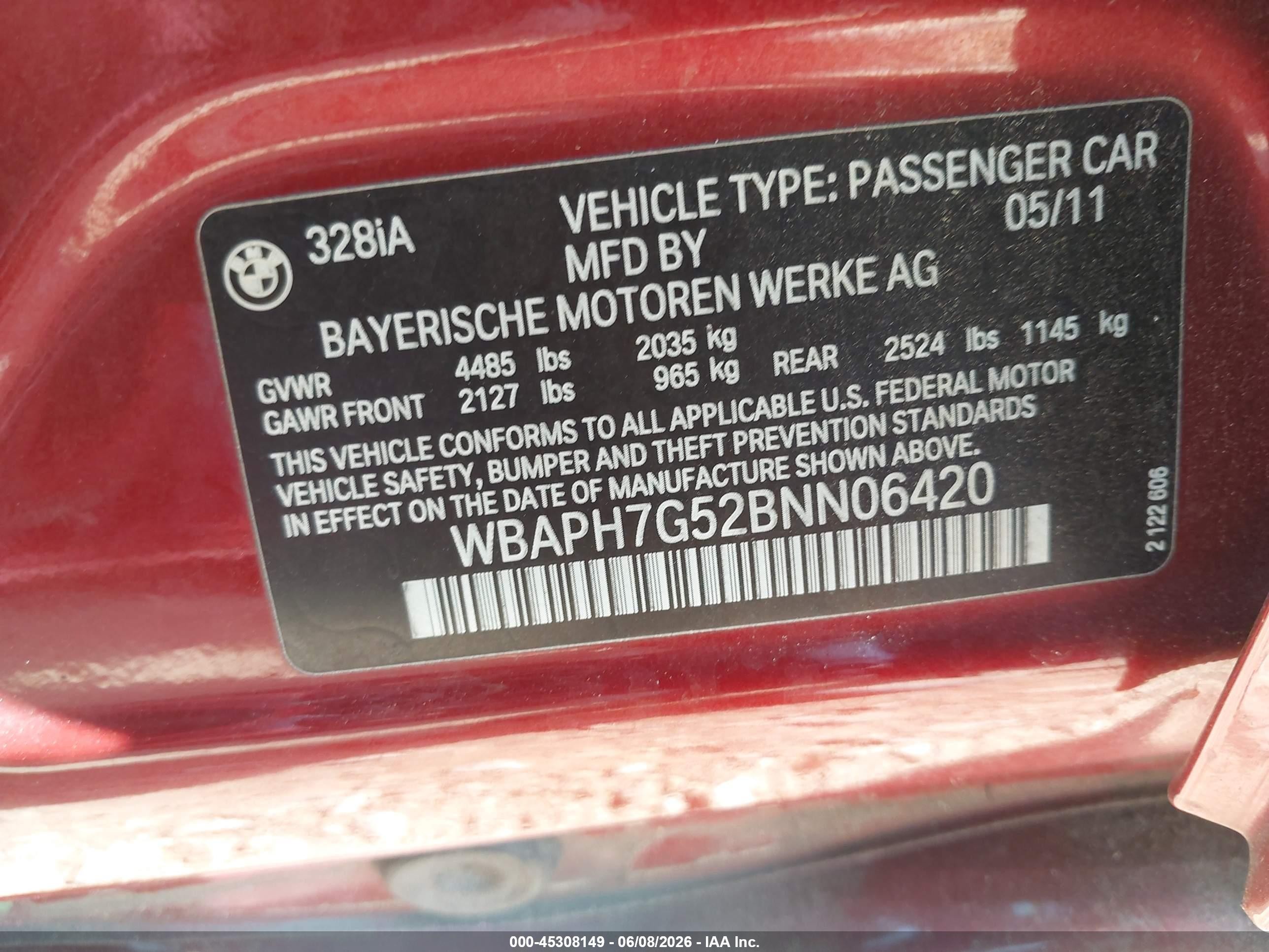 2011 Bmw 328i   Burgundy vin: WBAPH7G52BNN06420