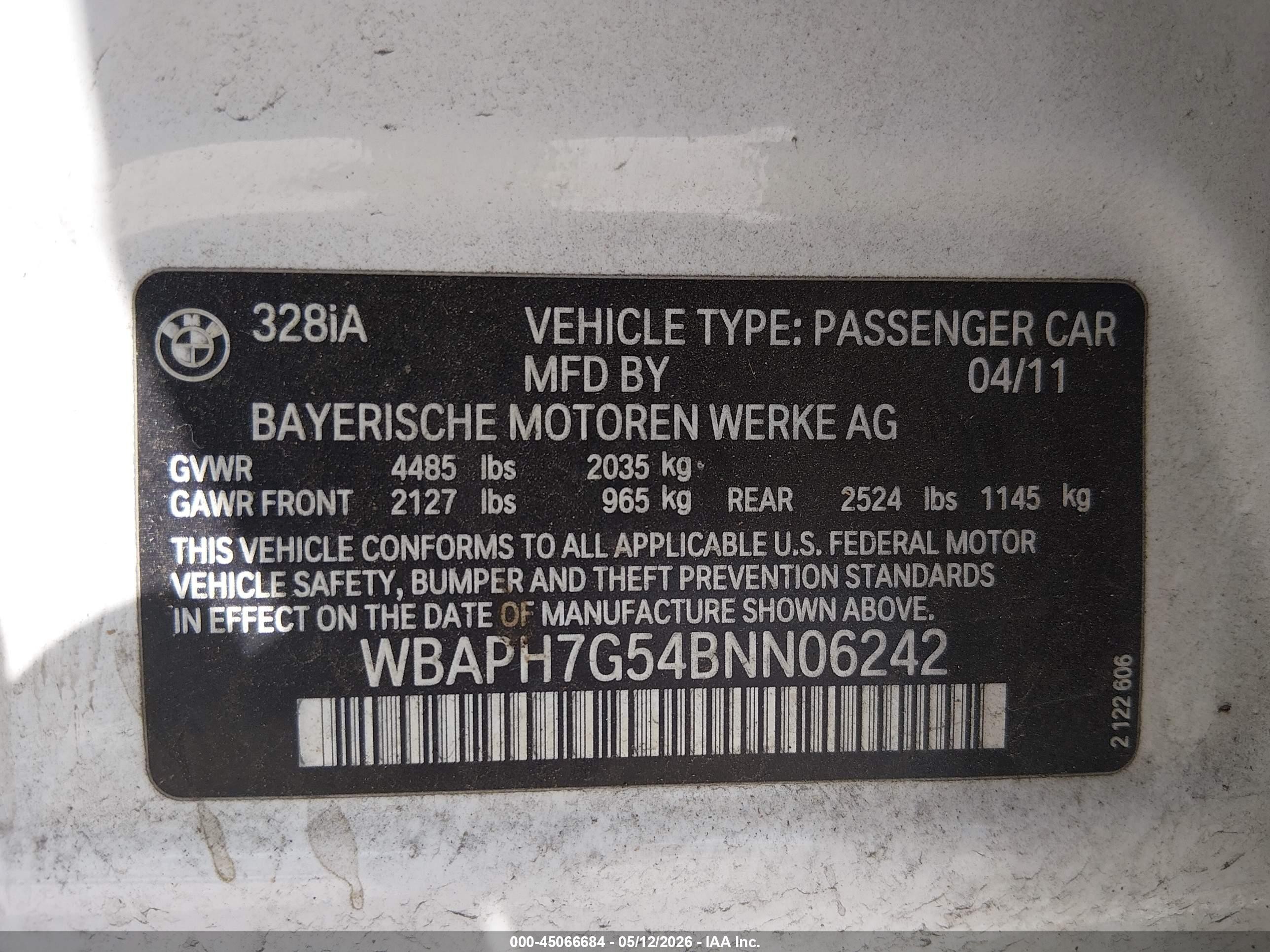 2011 Bmw 328i   White vin: WBAPH7G54BNN06242