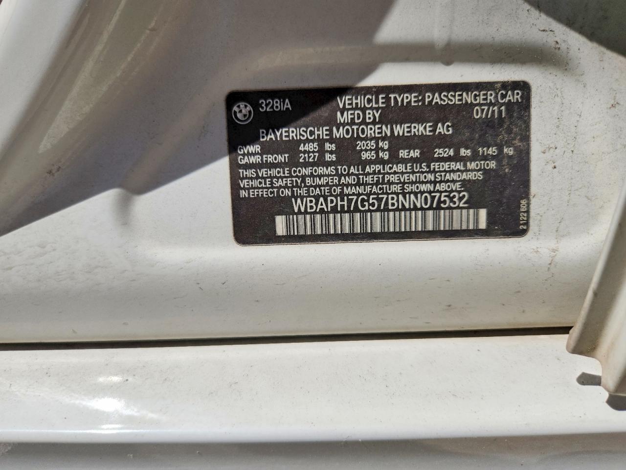 2011 Bmw 328 I White vin: WBAPH7G57BNN07532