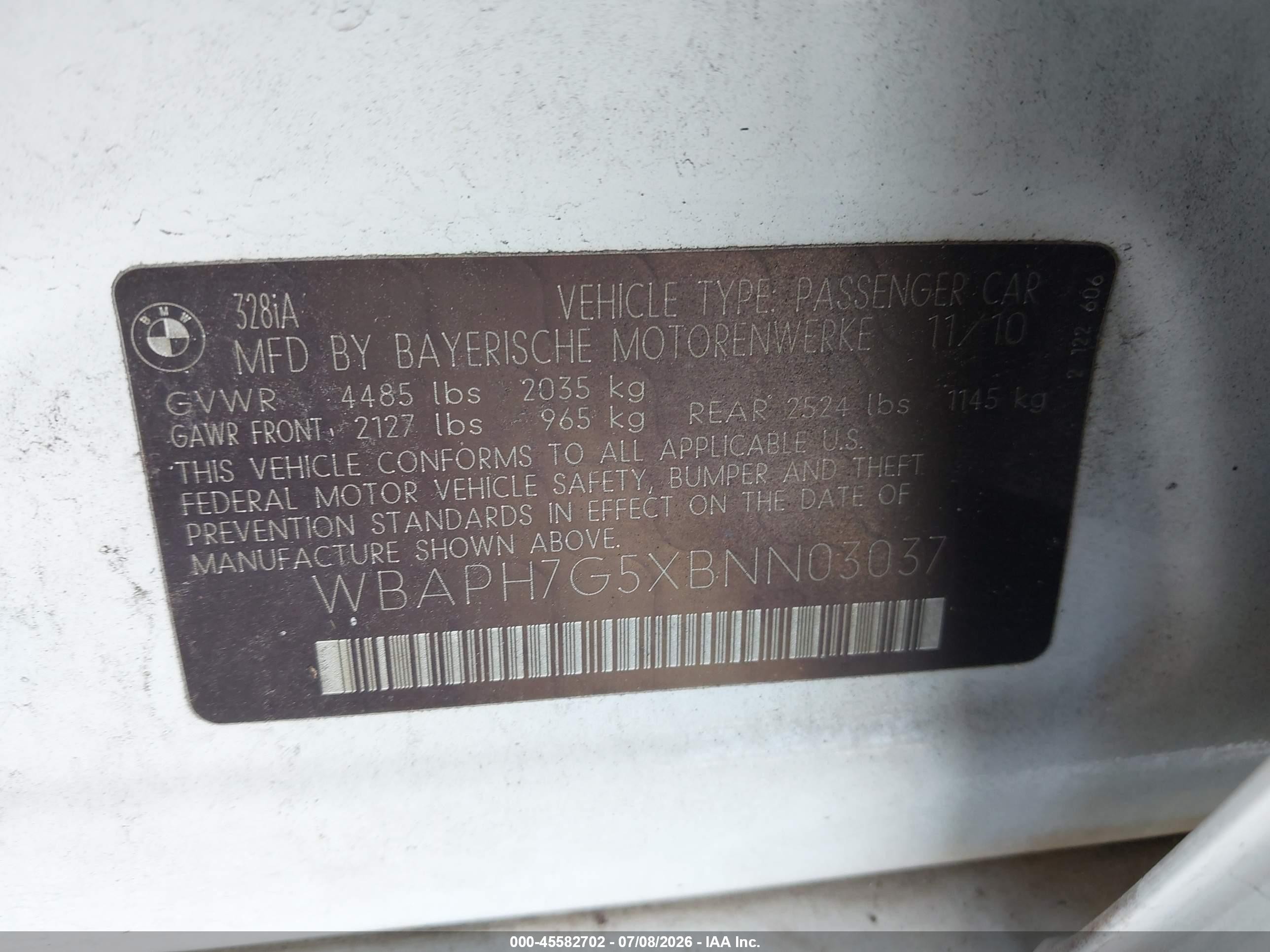2011 Bmw 328i   White vin: WBAPH7G5XBNN03037
