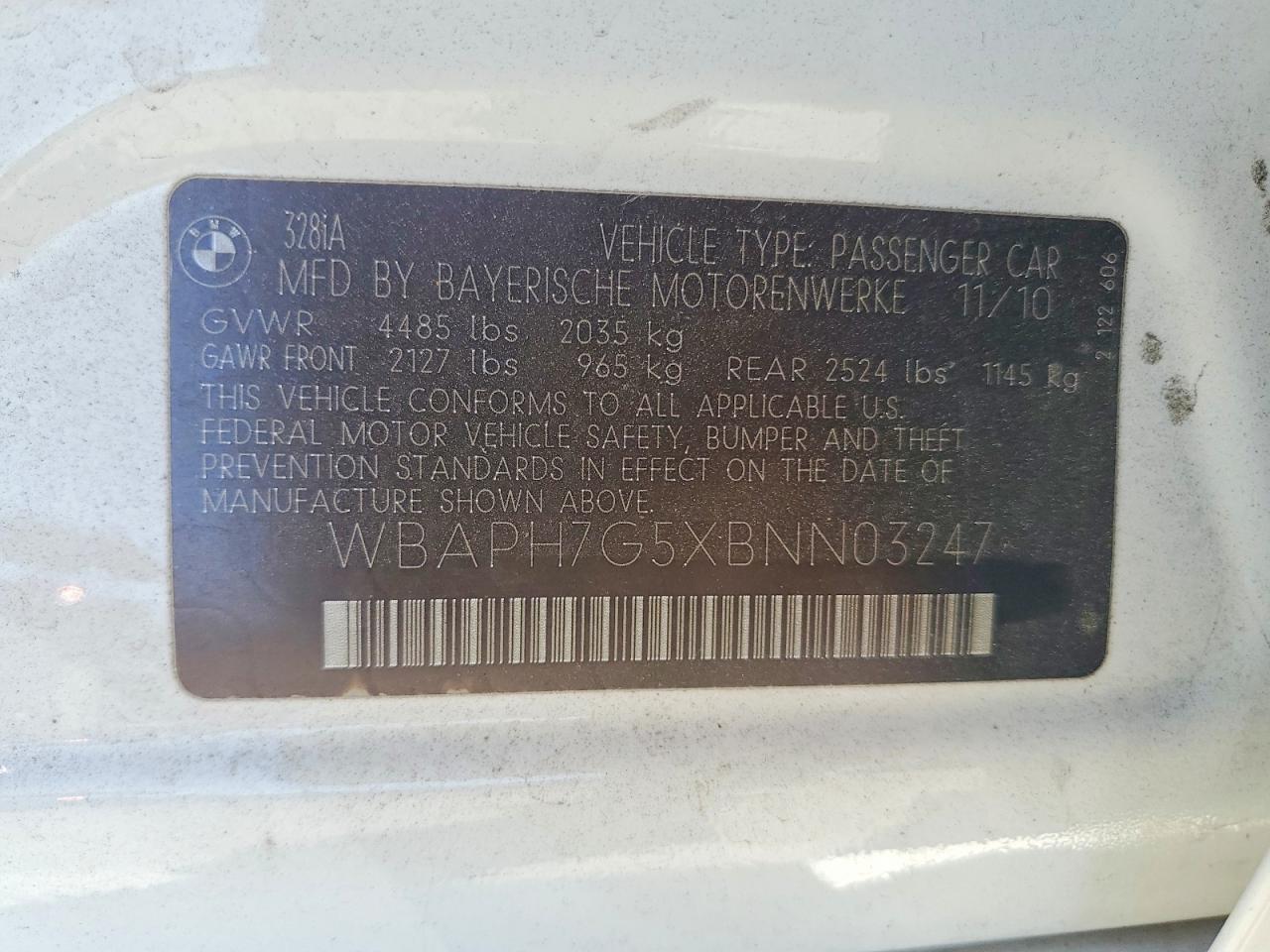 2011 Bmw 328 I Белый vin: WBAPH7G5XBNN03247
