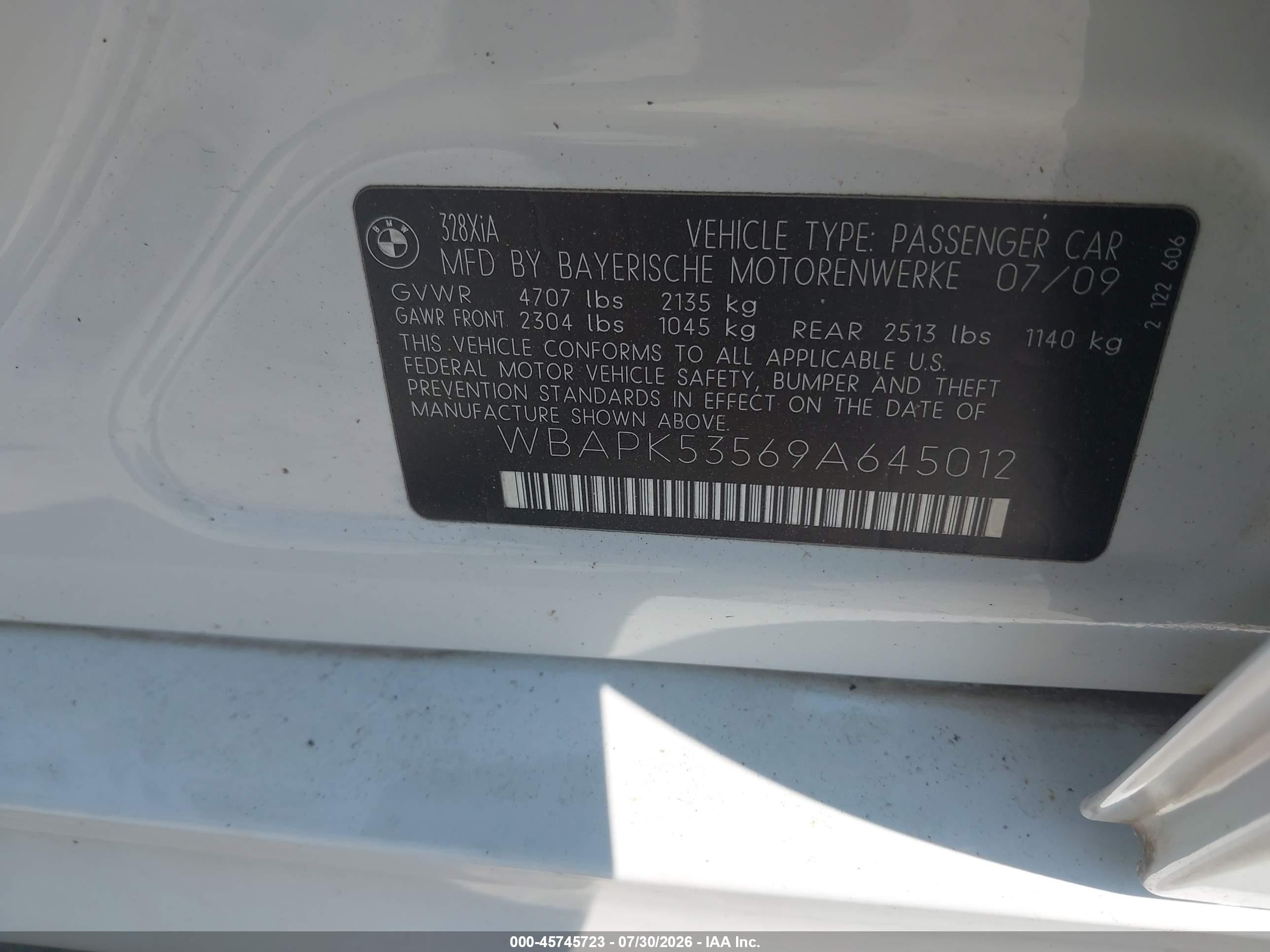 2009 Bmw 328i Xdrive White vin: WBAPK53569A645012