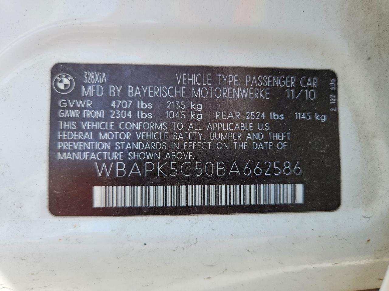 2011 Bmw 328 Xi Sulev White vin: WBAPK5C50BA662586