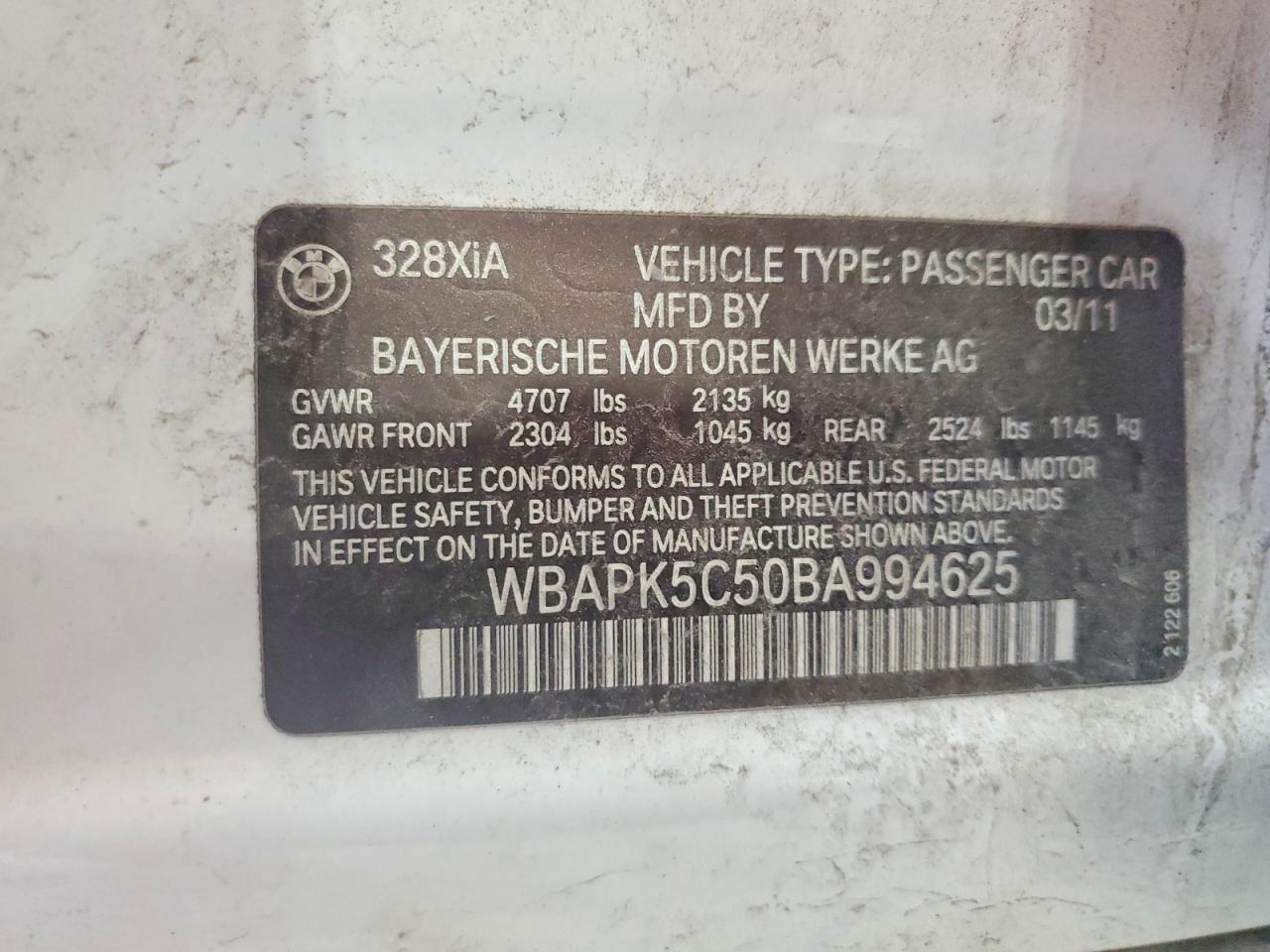2011 Bmw 328 Xi Sulev White vin: WBAPK5C50BA994625