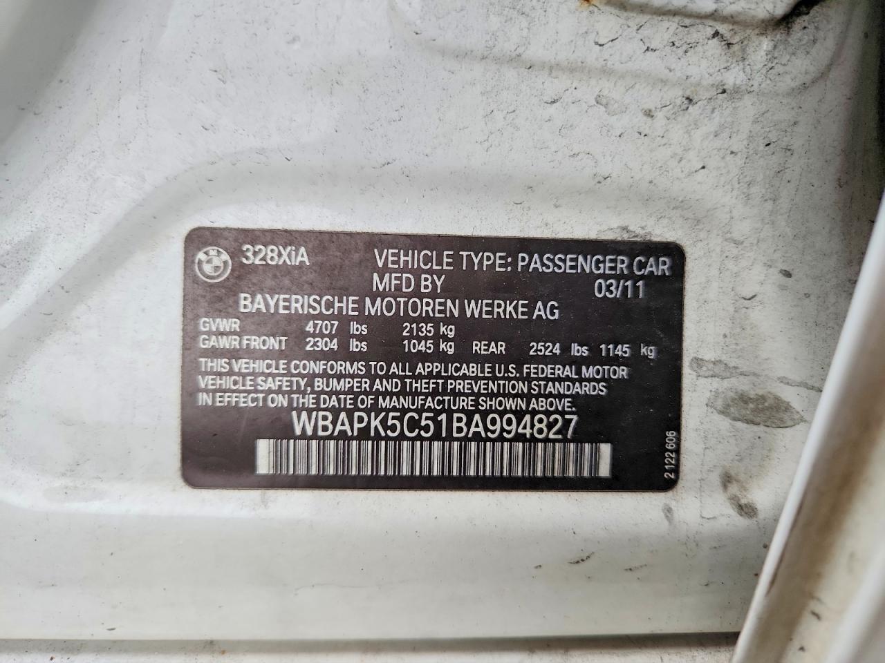 2011 Bmw 328 Xi Sulev White vin: WBAPK5C51BA994827