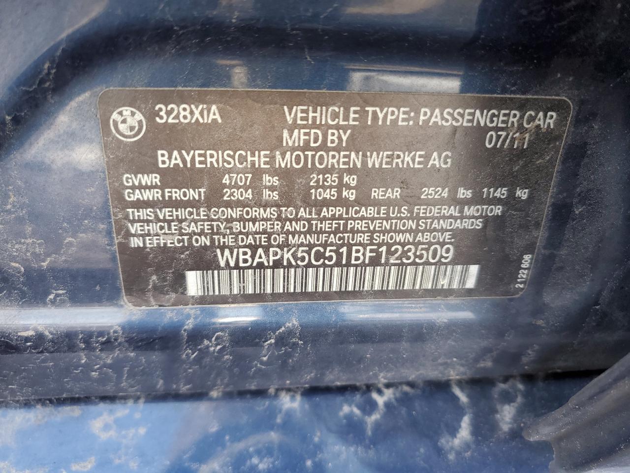 2011 Bmw 328 Xi Sulev Синий vin: WBAPK5C51BF123509