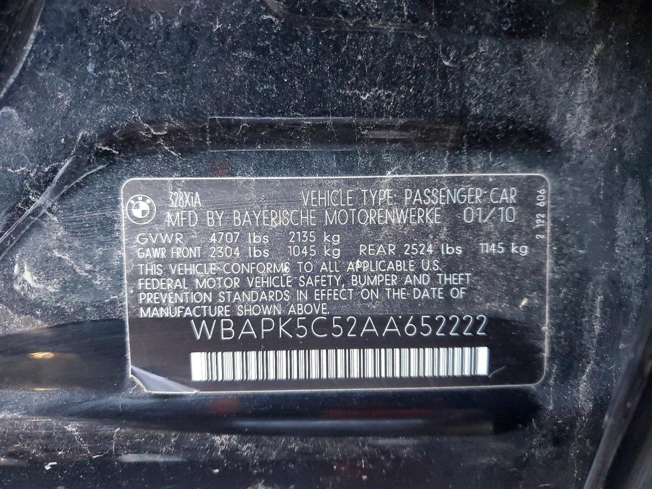 2010 Bmw 328 Xi Sulev Black vin: WBAPK5C52AA652222