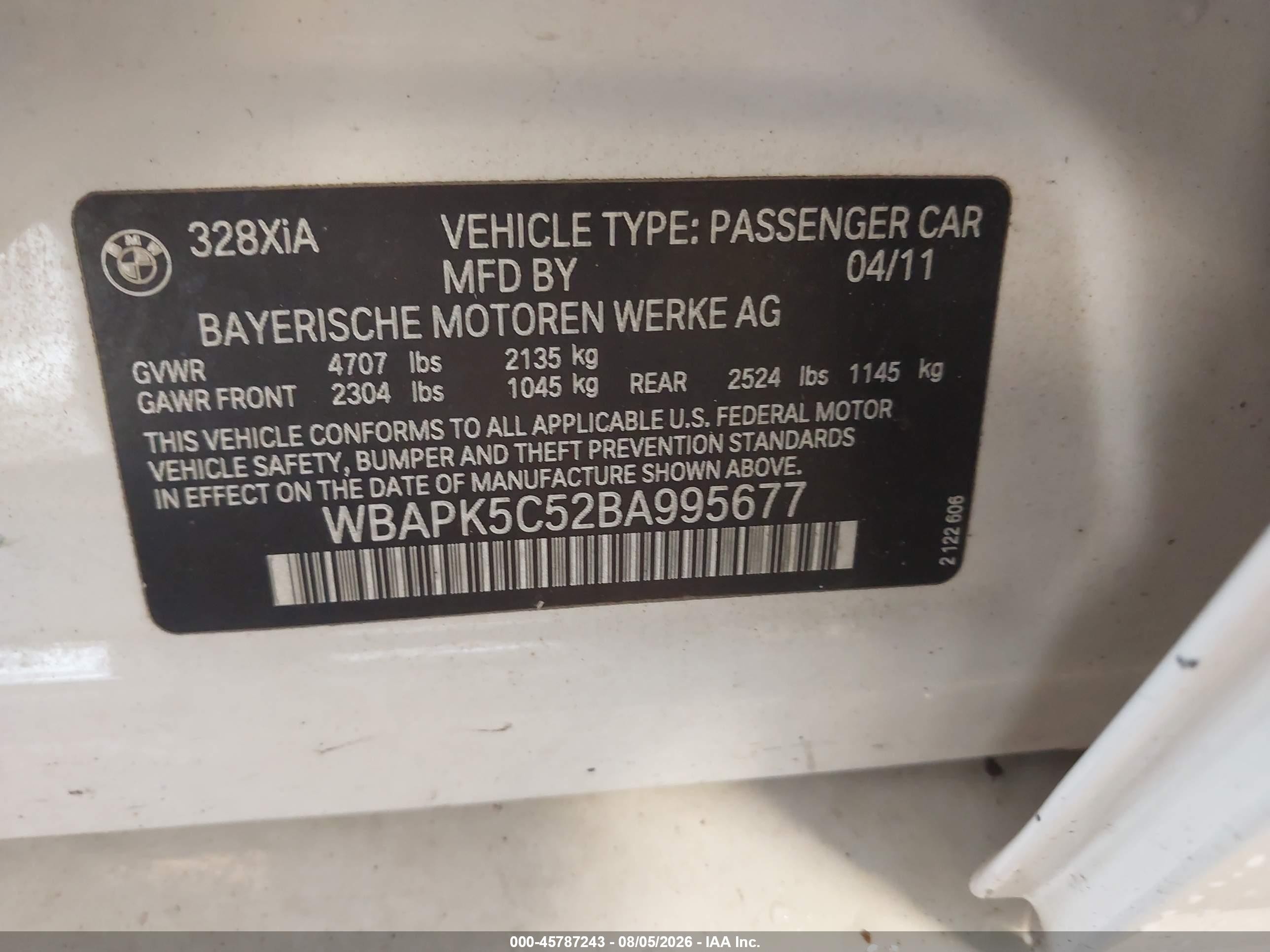 2011 Bmw 328i Xdrive White vin: WBAPK5C52BA995677