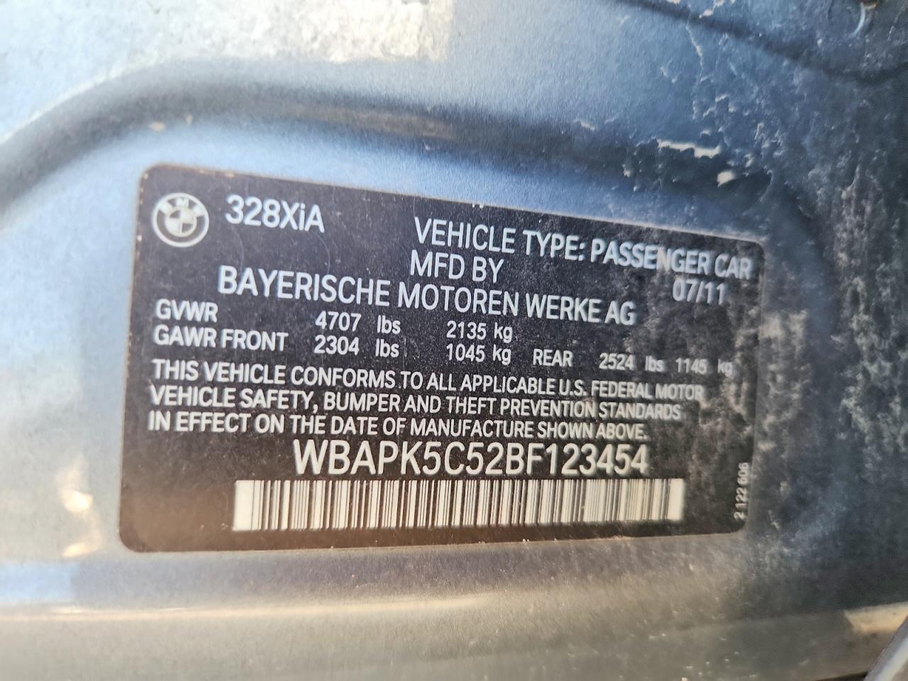 2011 Bmw 328 Xi Sulev Gray vin: WBAPK5C52BF123454