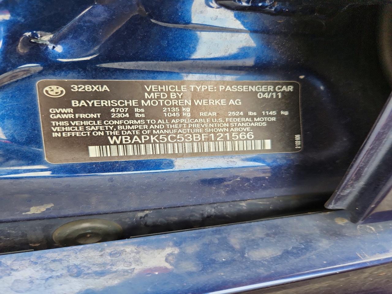 2011 Bmw 328 Xi Sulev Blue vin: WBAPK5C53BF121566