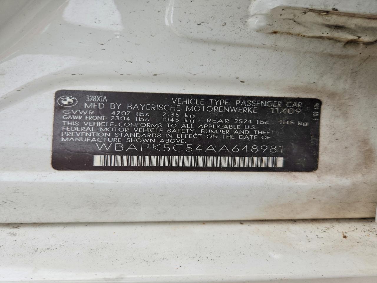 2010 Bmw 3 Series White vin: WBAPK5C54AA648981