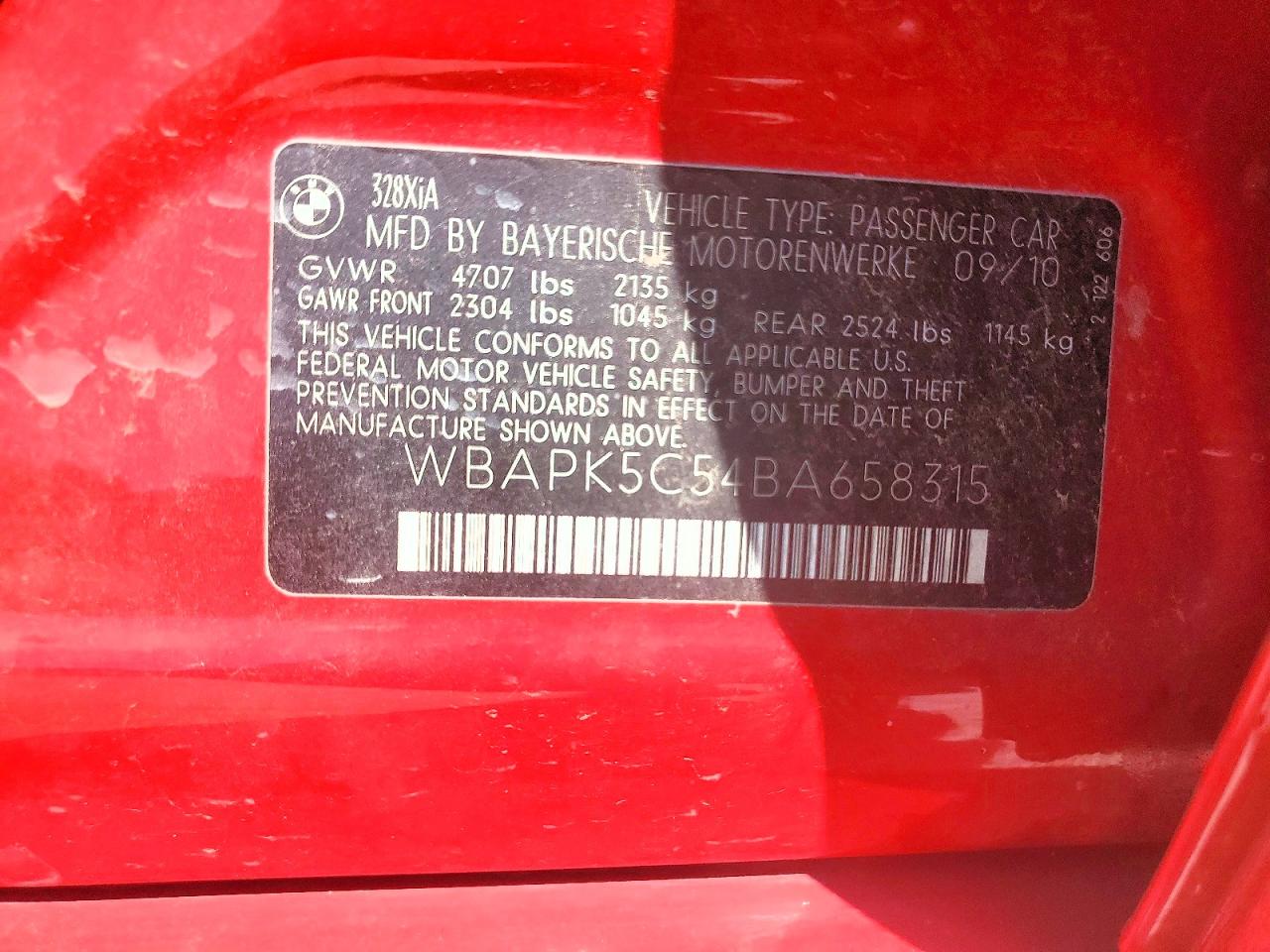2011 Bmw 328 Xi Sulev Red vin: WBAPK5C54BA658315