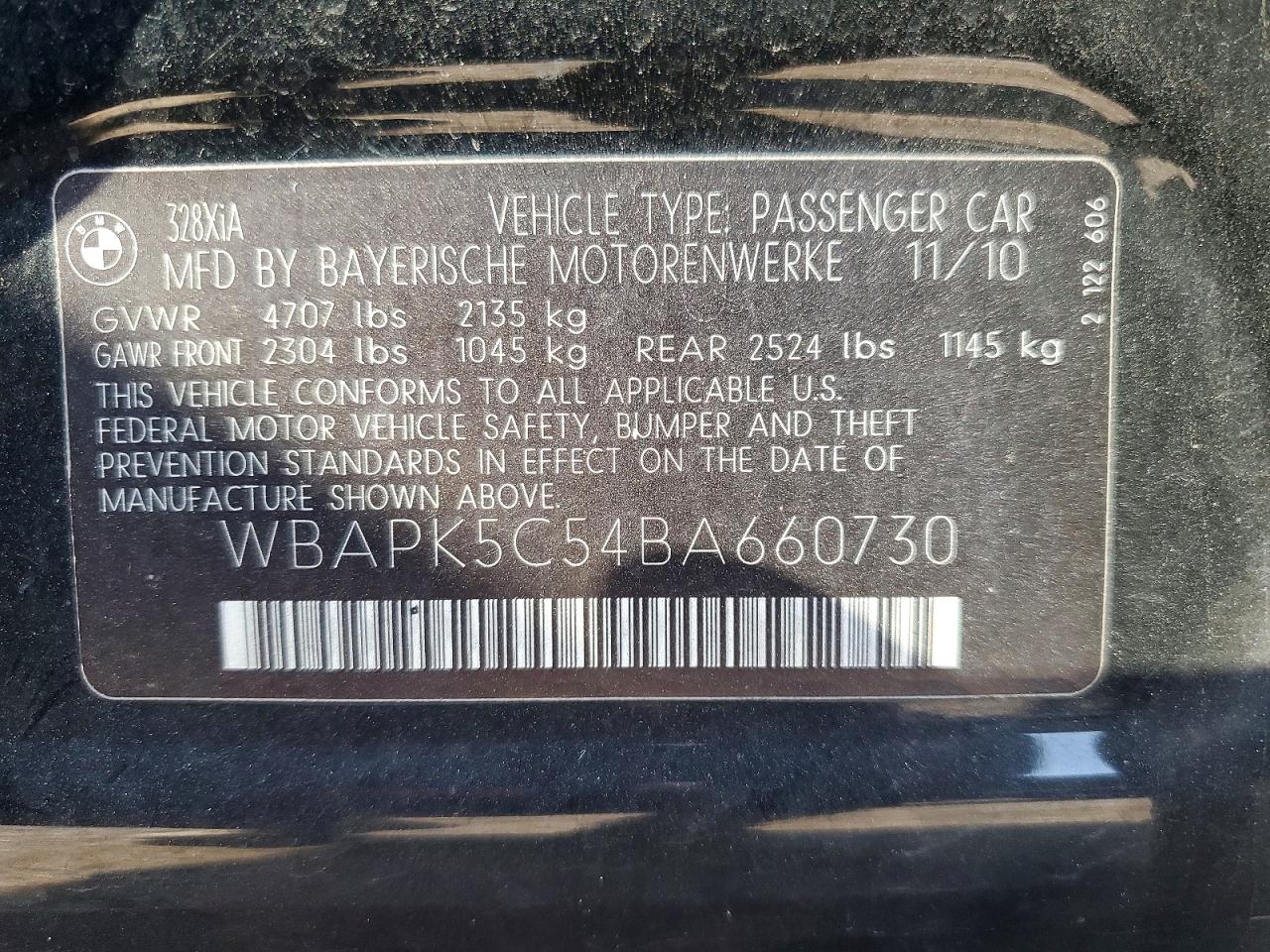2011 Bmw 328 Xi Sulev Черный vin: WBAPK5C54BA660730