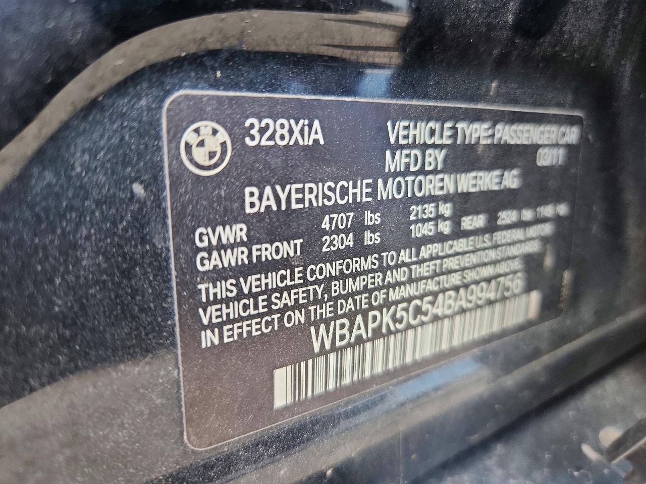 2011 Bmw 328 Xi Sulev Black vin: WBAPK5C54BA994756
