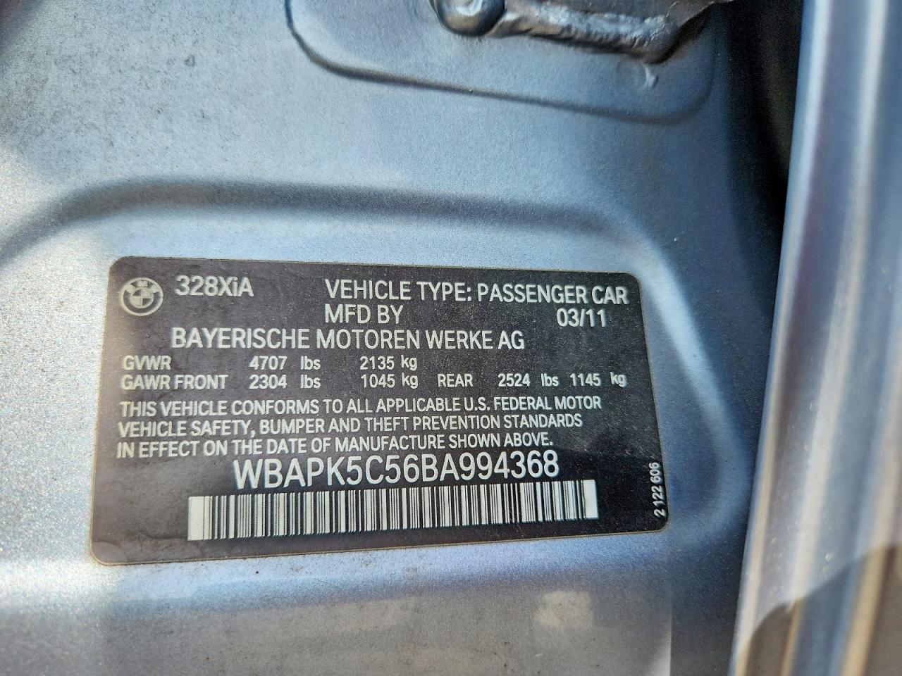 2011 Bmw 328 Xi Sulev Blue vin: WBAPK5C56BA994368
